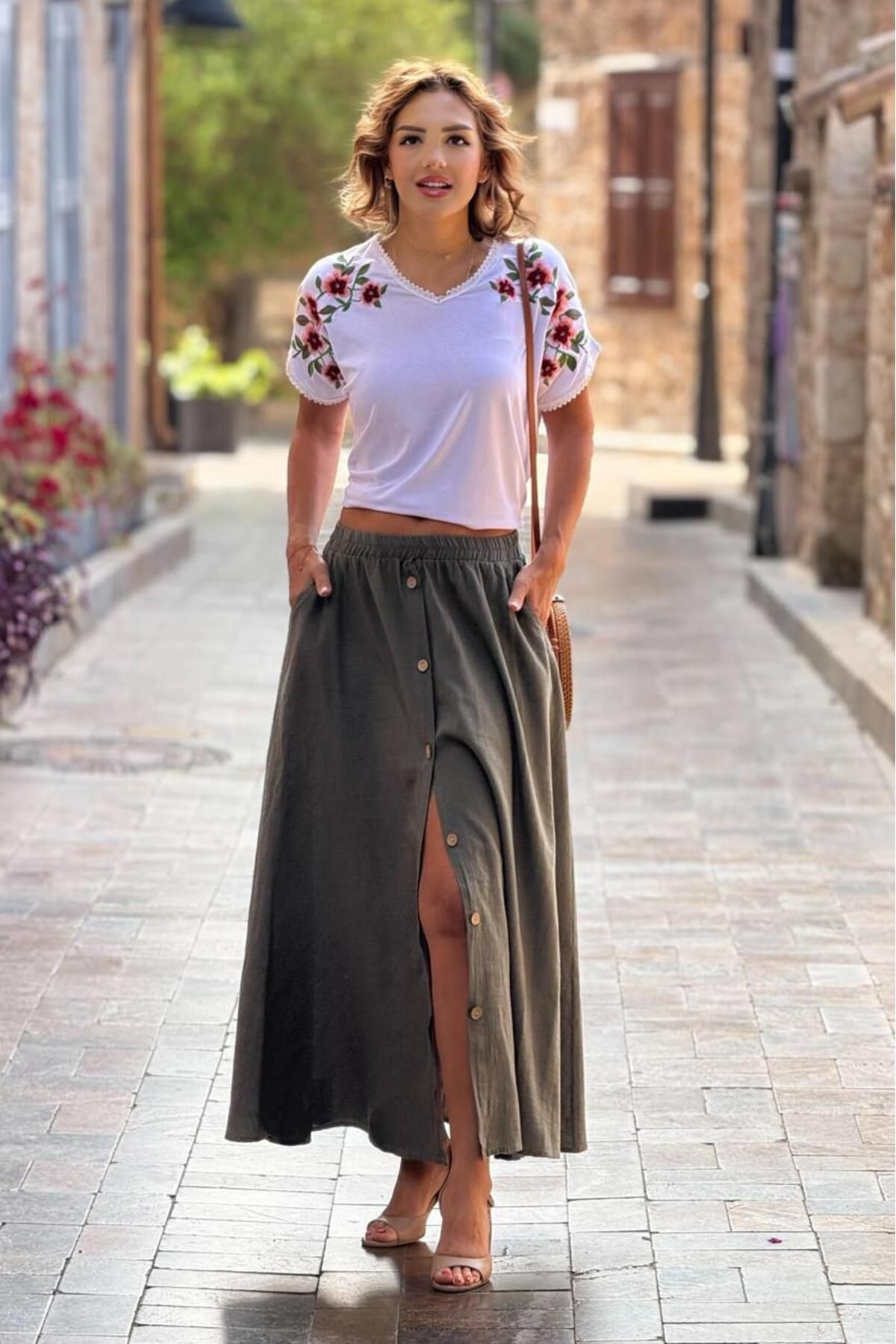 Nevin Kaya Moda Haki Önden Düğmeli Keten Etek