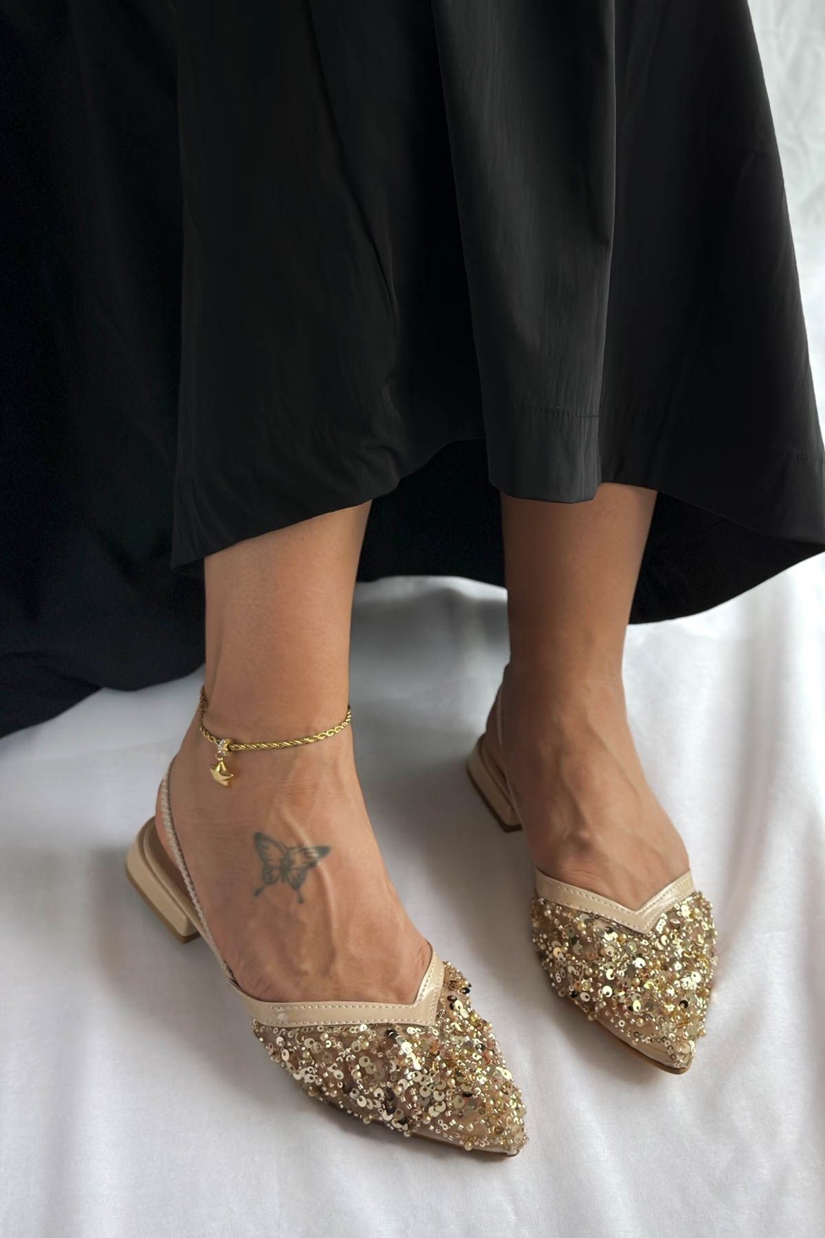 Shoebutik Bridal Bej Tül Pul İşlemeli Alçak Topuk Kadın Babet