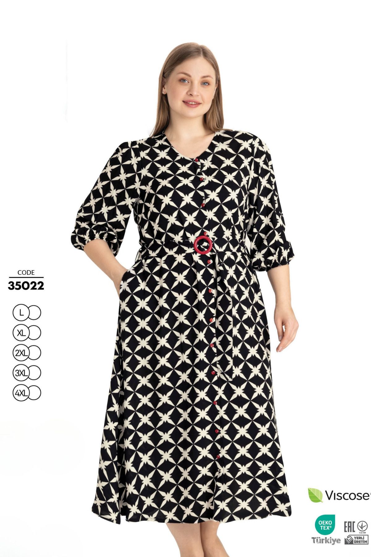 Juliet Deluxe Kadın Büyük Beden Dokuma Viskon Kumaş Desenli Düğmeli Elbise 35022