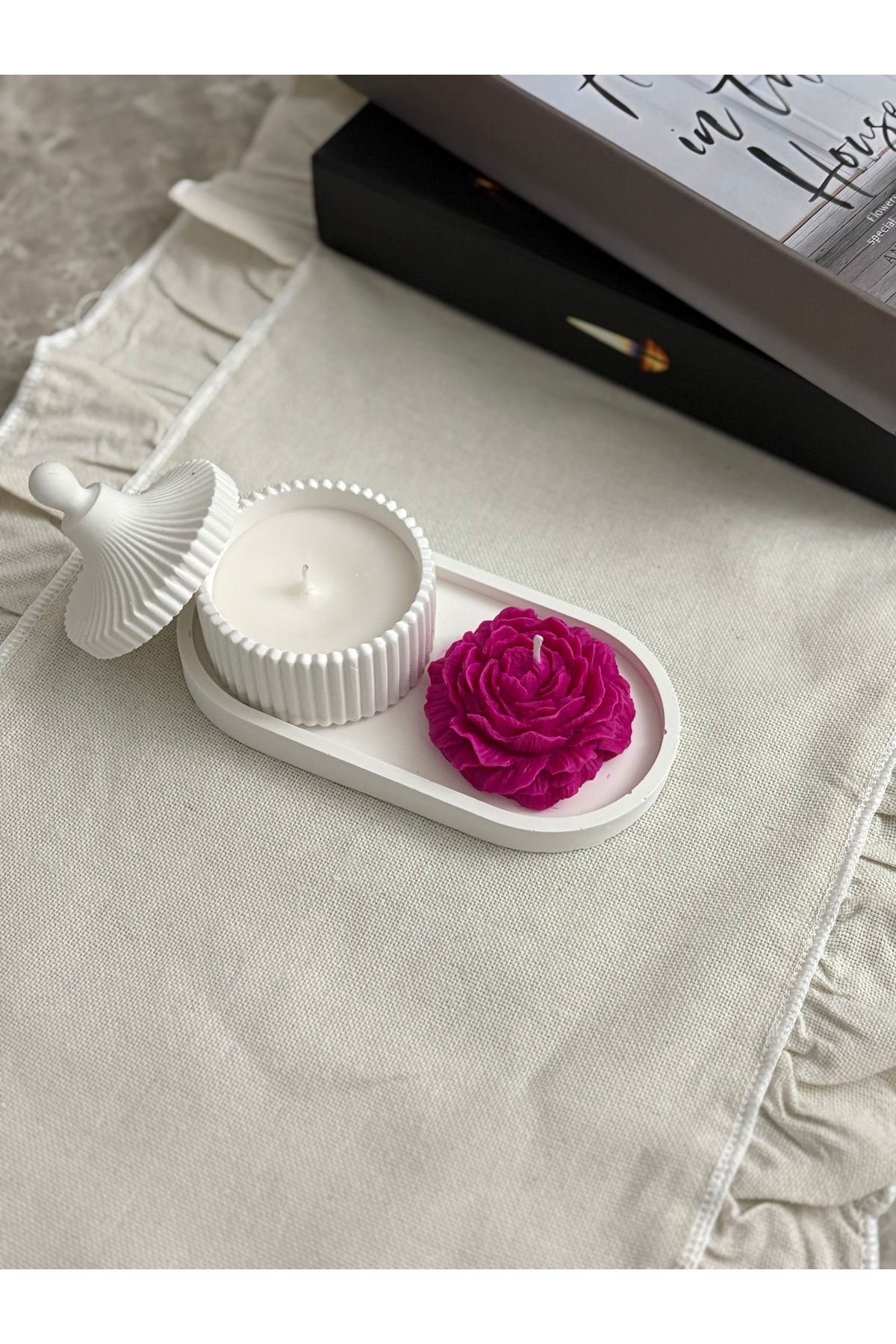 camas candle Taş Tozu Mumluk Set ve Şakayık Soya Wax Mum