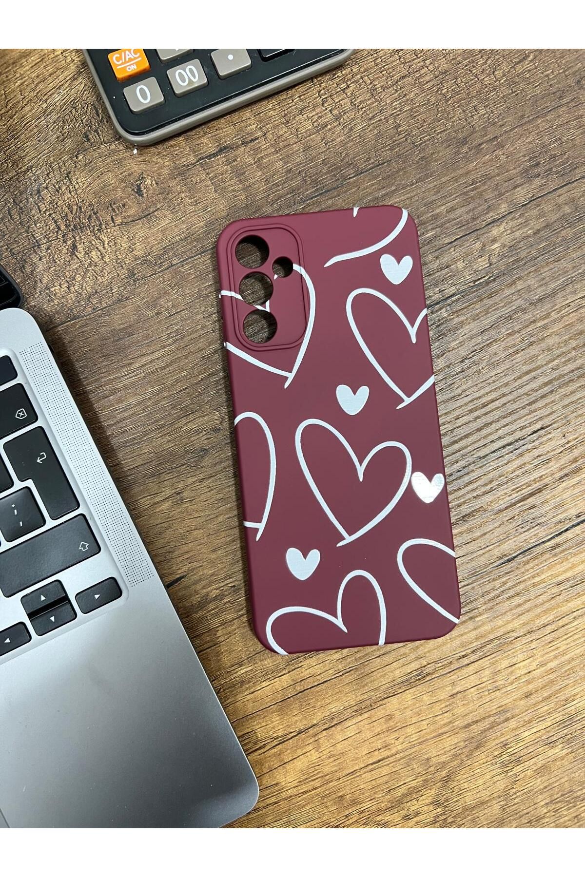 HZR Samsung A14 Beyaz Kalp Desenli Bordo Silikon Kılıf