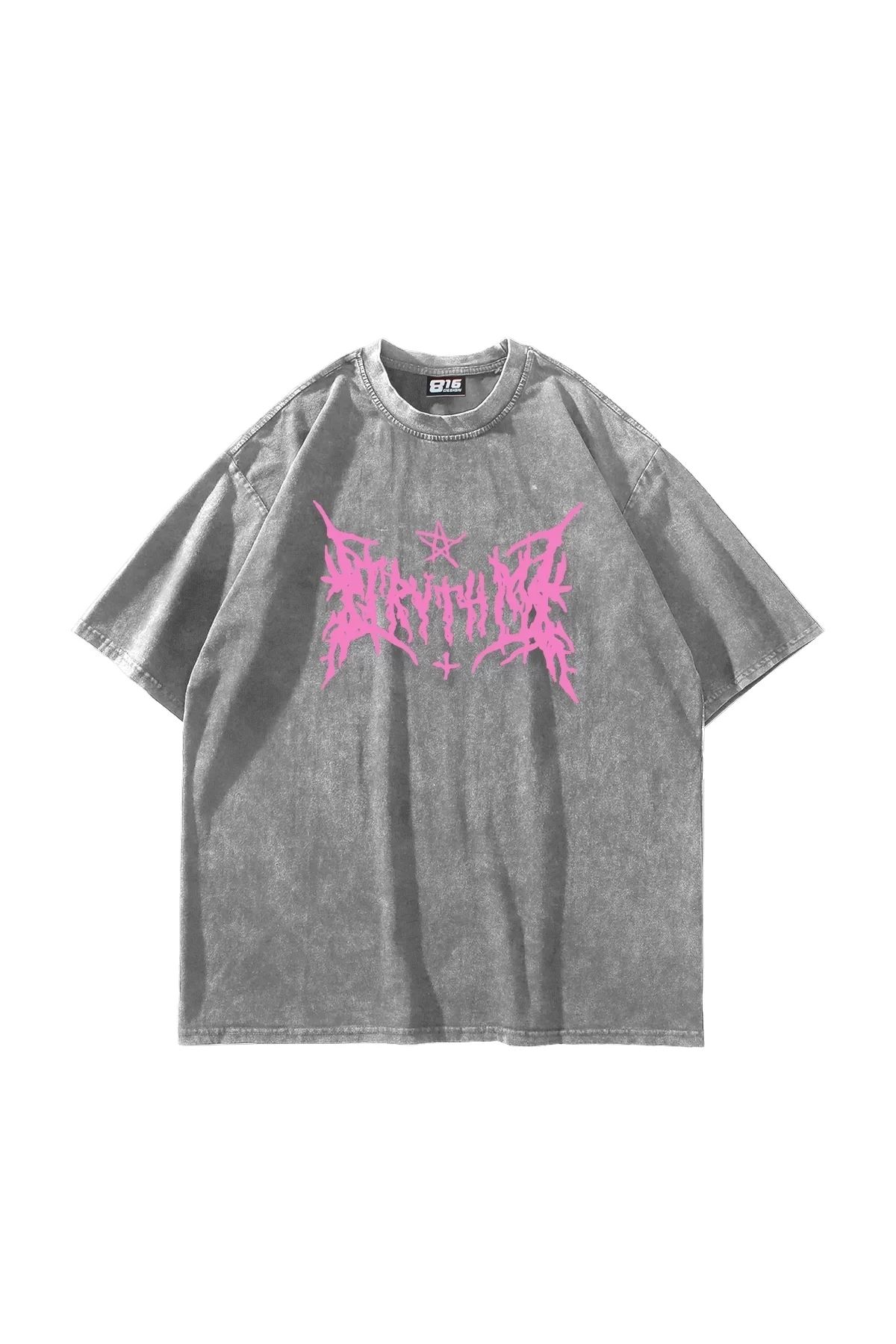 Bak Moda Pink Gotik Baskılı Oversize Unisex Yıkamalı Beyaz Tshirt