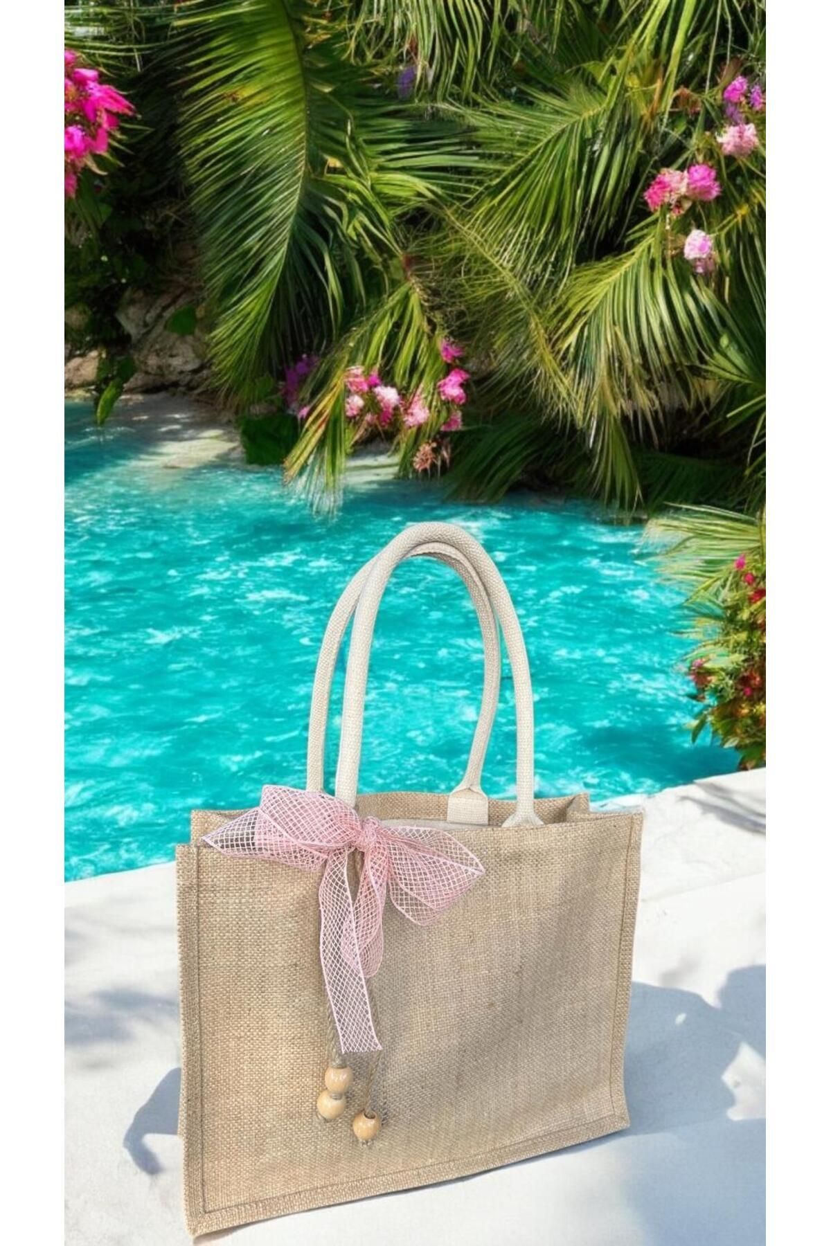 Solène Bag Tote Pembe Kurdelalı Jüt Doğal Çanta -Plaj Çantası