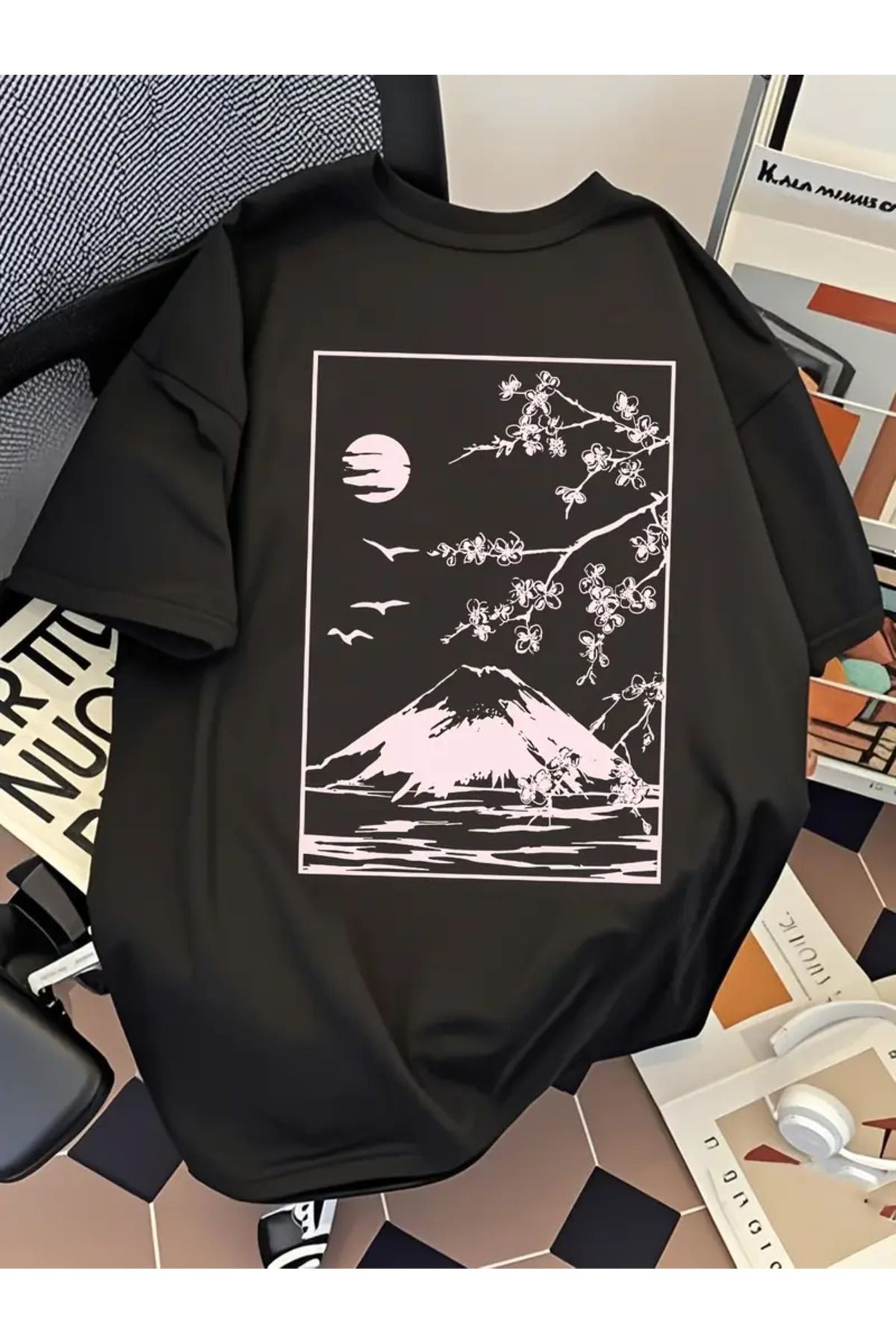 AEMİ Unisex Fuji Mountain Baskılı Oversize Bisiklet Yaka T-shirt