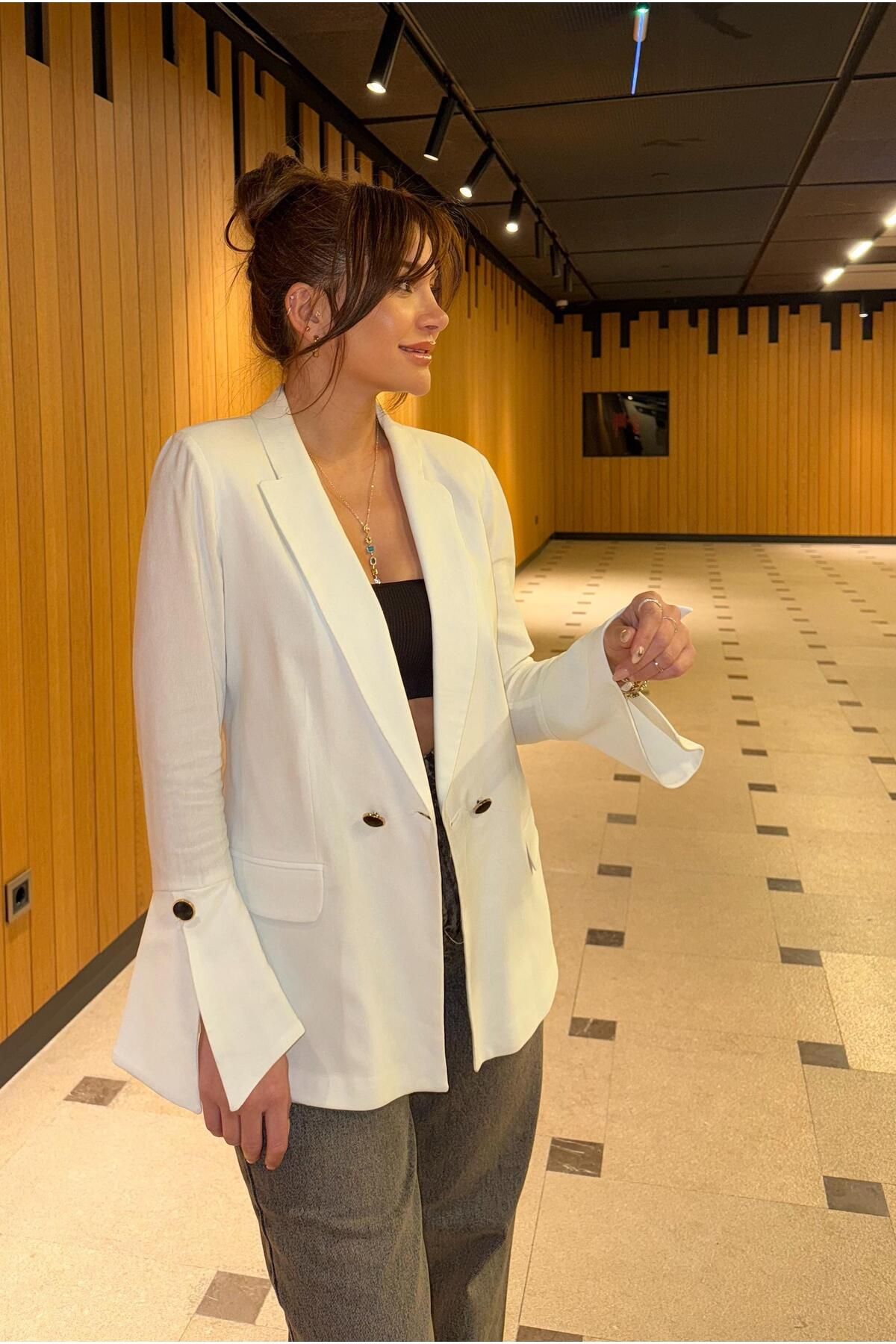 Daves Lüx kalite kol Tasarım Keten Blazer Ceket-Beyaz
