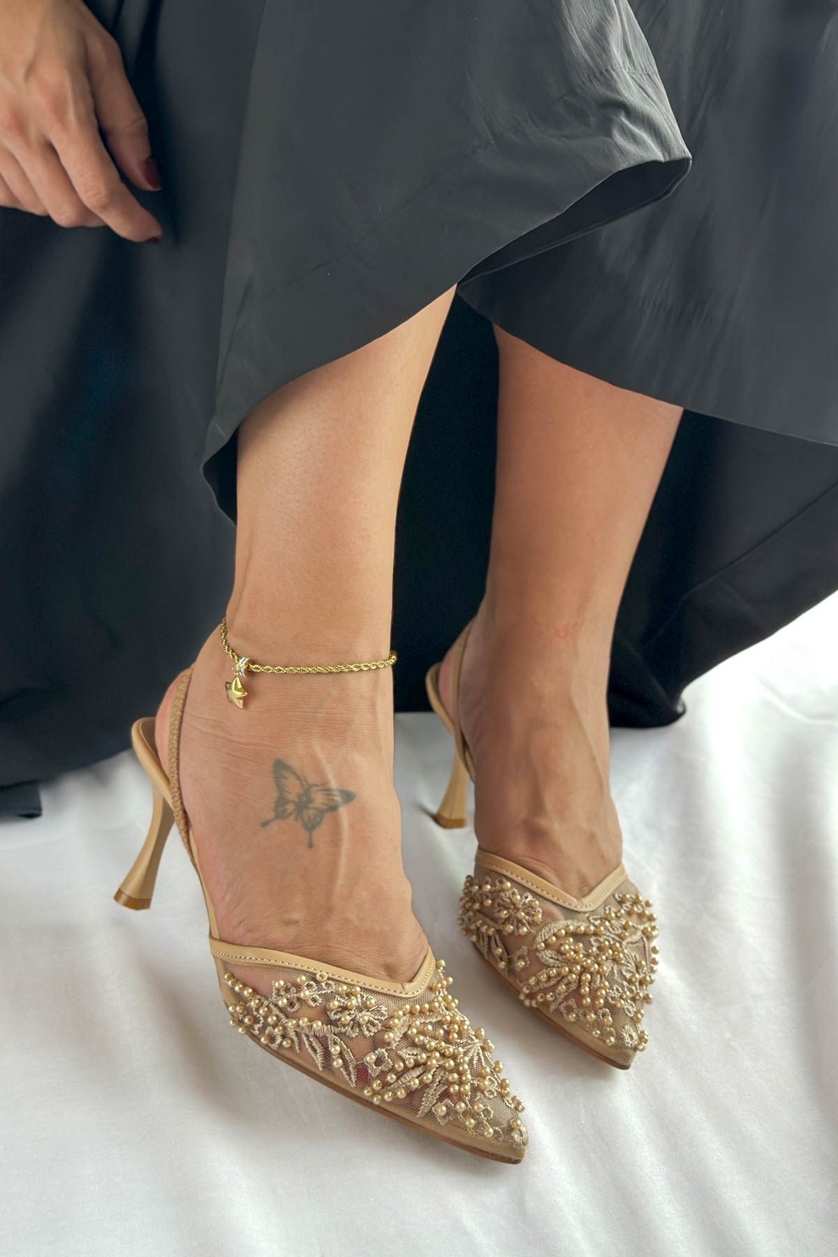 Shoebutik Wedding Bej Tül İnci İşlemeli Topuklu Kadın Stiletto