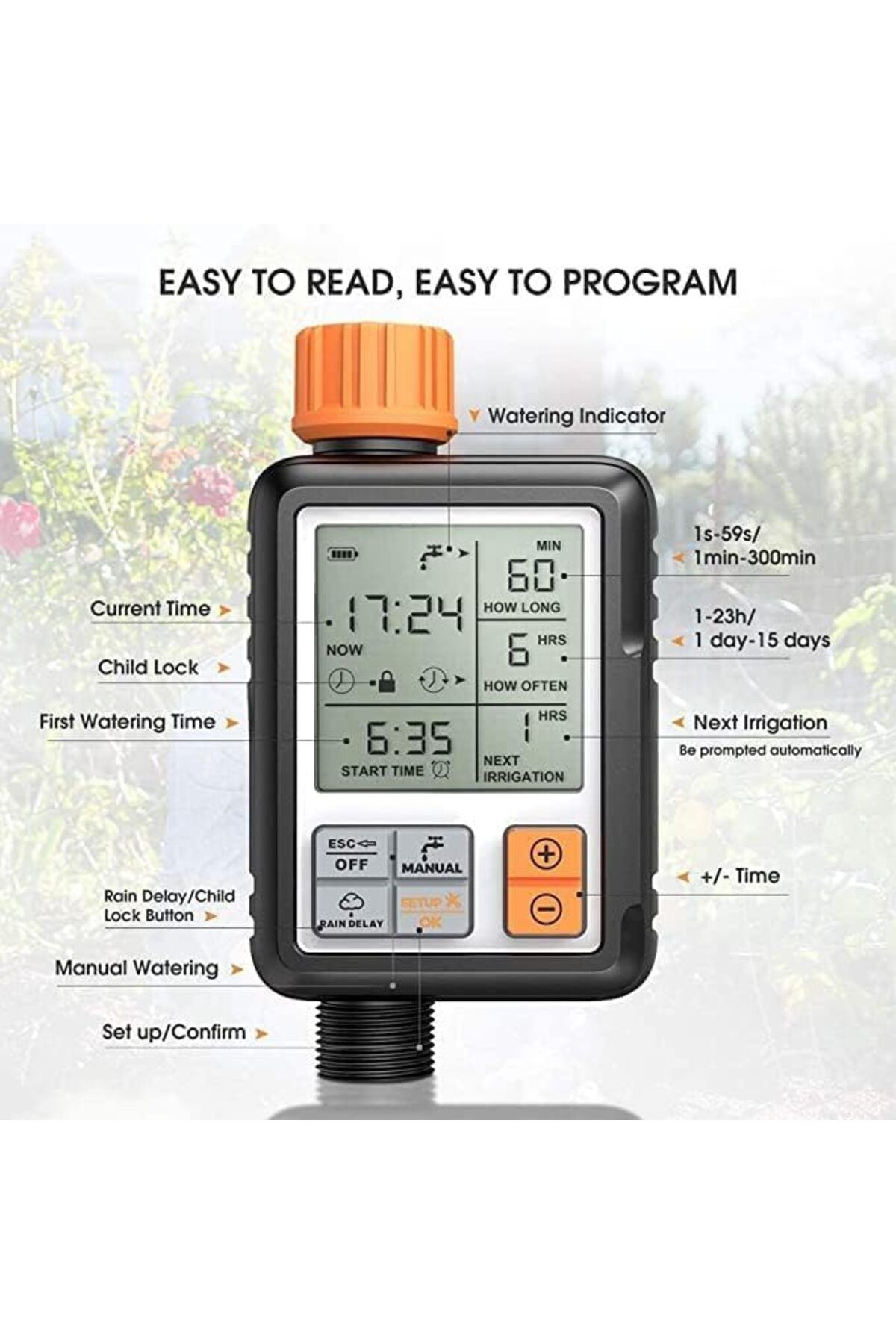 Egardenkart-Outdoor Watering Timer Automatic watering timer Large Screen Multifunctional Timing Wate 6
