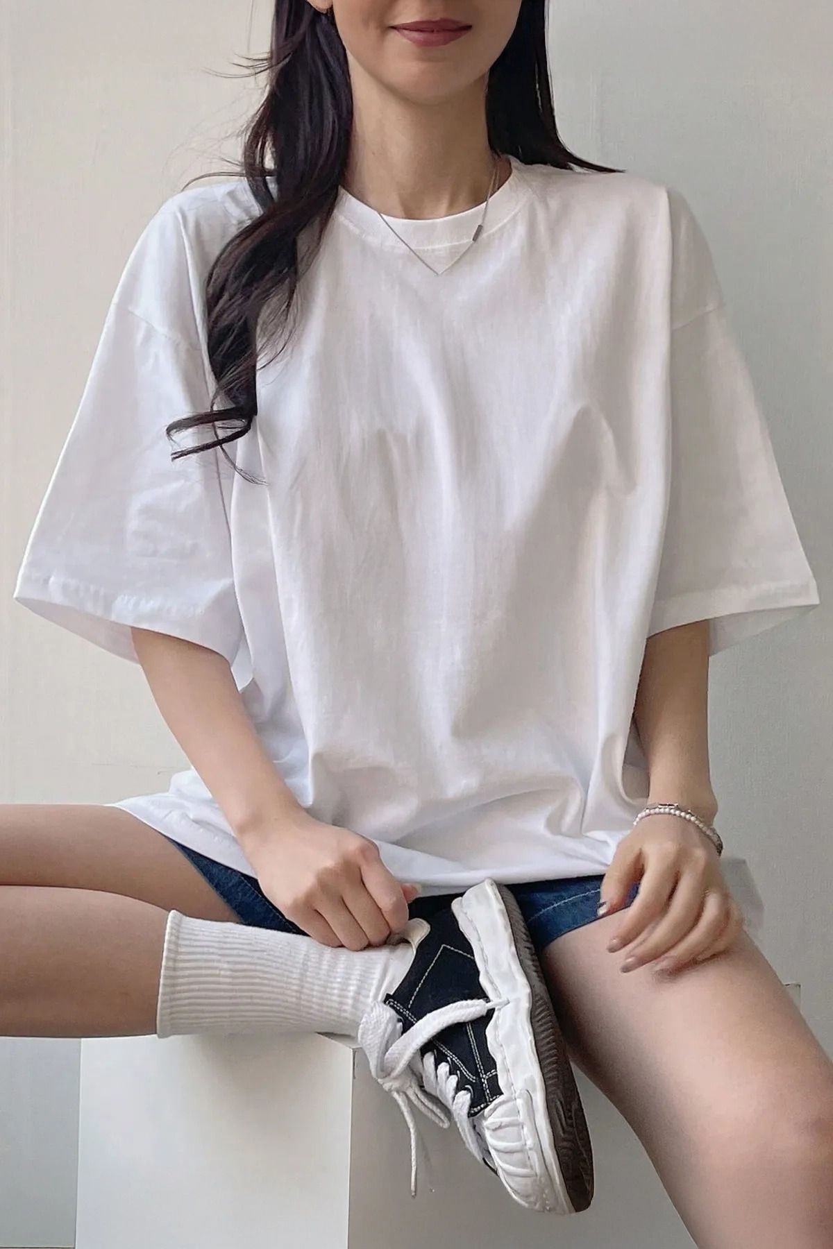 Elnim Kadın Oversize Tshirt - Bisiklet Yaka Pamuklu