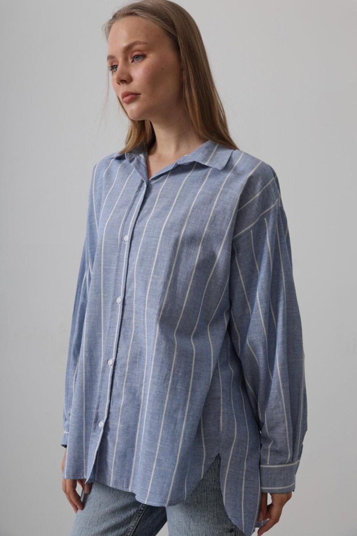VELİZADE Yeni Sezon Konfor Modeli Yumuşak Doku Oversize Pamuklu Mavi Çizgili Tunik Boyfriend Gömlek Tesettür