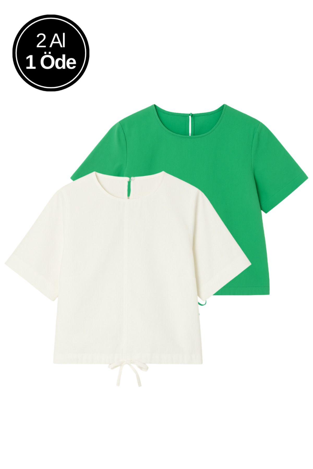 Rich Kadın 2'li Paket Ekru-Yeşil Kısa Kollu T-Shirt Oversize %100 Pamuk Bisiklet Yaka Bluz Tişört