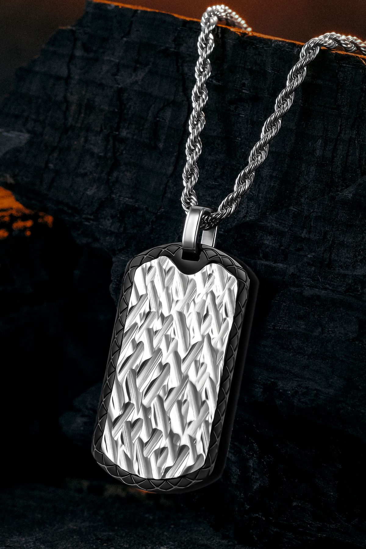 OSMANLI GÜMÜŞ Steel Tag Burma Zincir Erkek Kolye - Asker Künyesi Desenli, Dövme Sanatı Uygulamalı, Paslanmaz Çelik