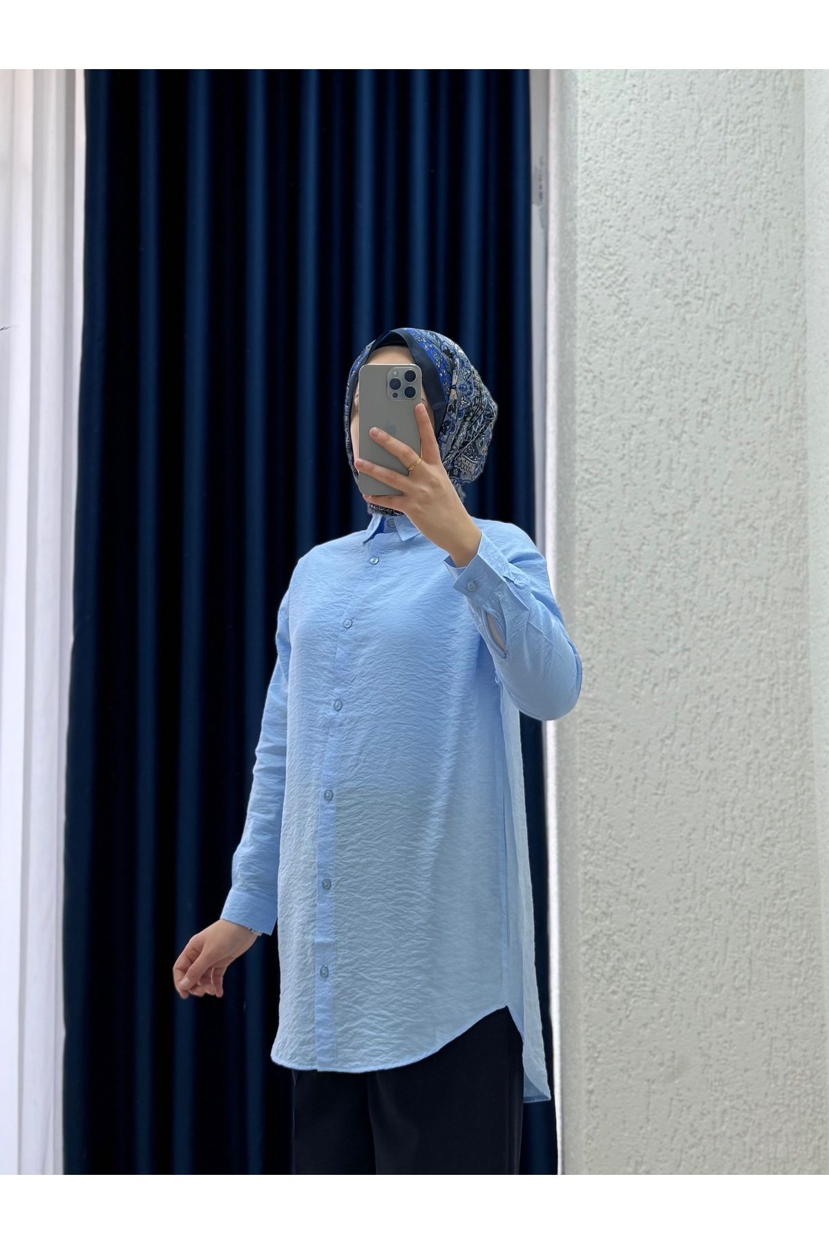 Ebrar Store Sorique Önü Kısa Arkası Uzun Düz Çilek Gömlek-Zİ2137 Mavi