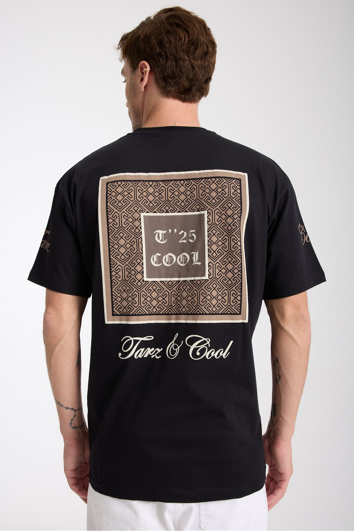 Tarz Cool Erkek Siyah Cool Ön Ve Arka Baskılı Oversize Bisiklet Yaka T-Shirt