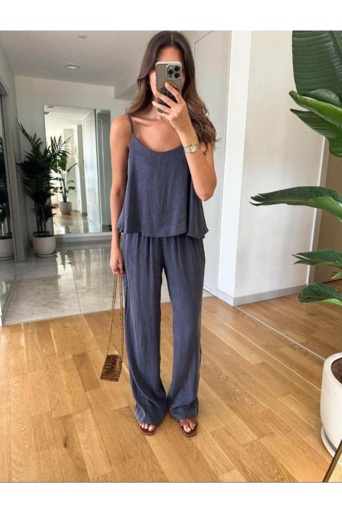 My Blog İndigo Saten Görünümlü Askılı Bluz Pantolon Takım - 51043