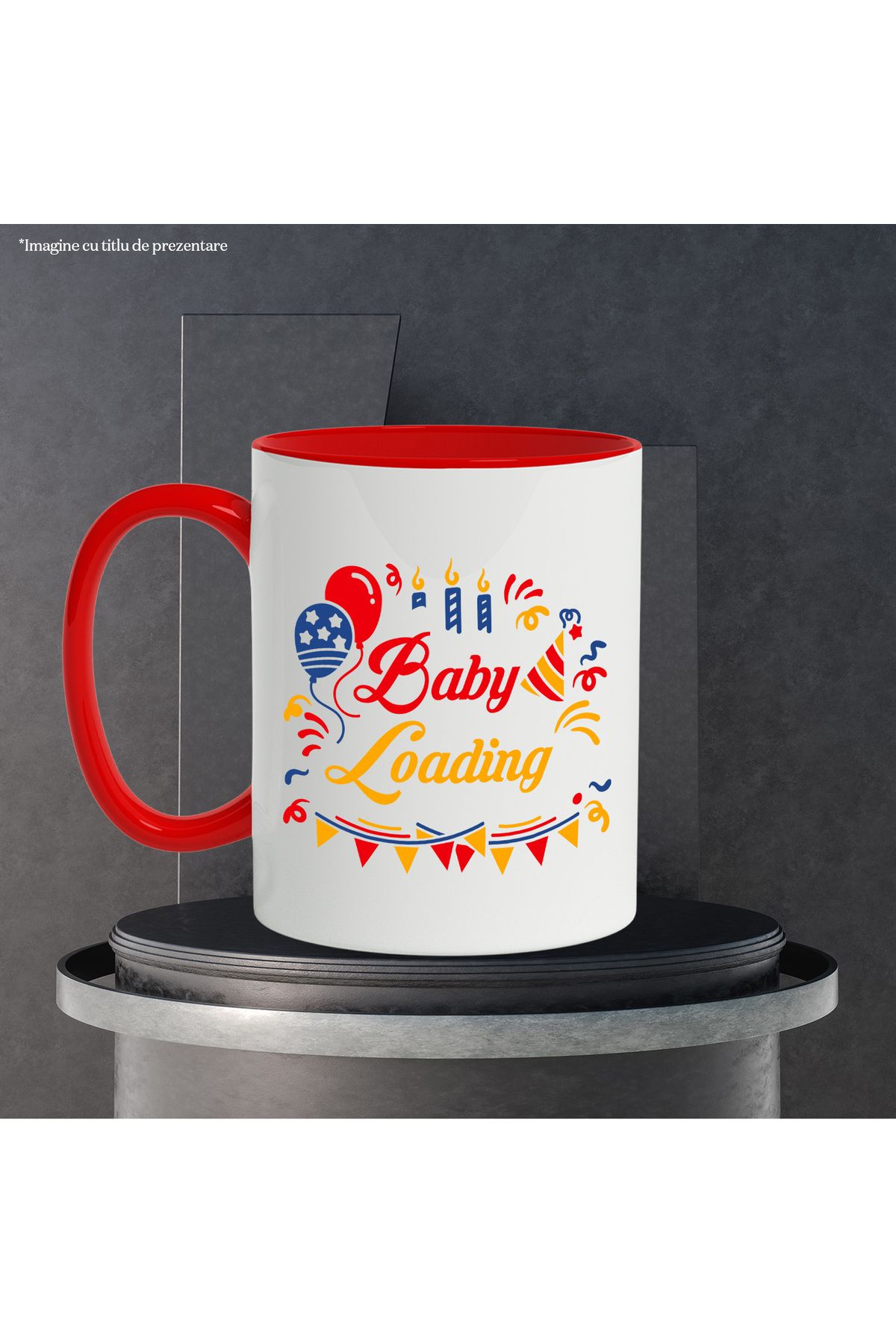 StoryGift Romania-Mug with the text in English "Baby loading" - the baby is loading with the Red Handle, With Handle, STG. 3