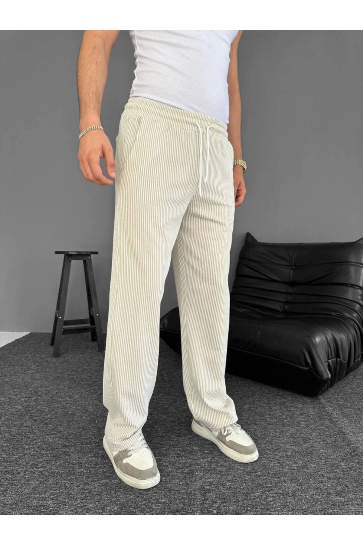 Eserden Su Yolu Çizgili Cepli Pantalon - Bej