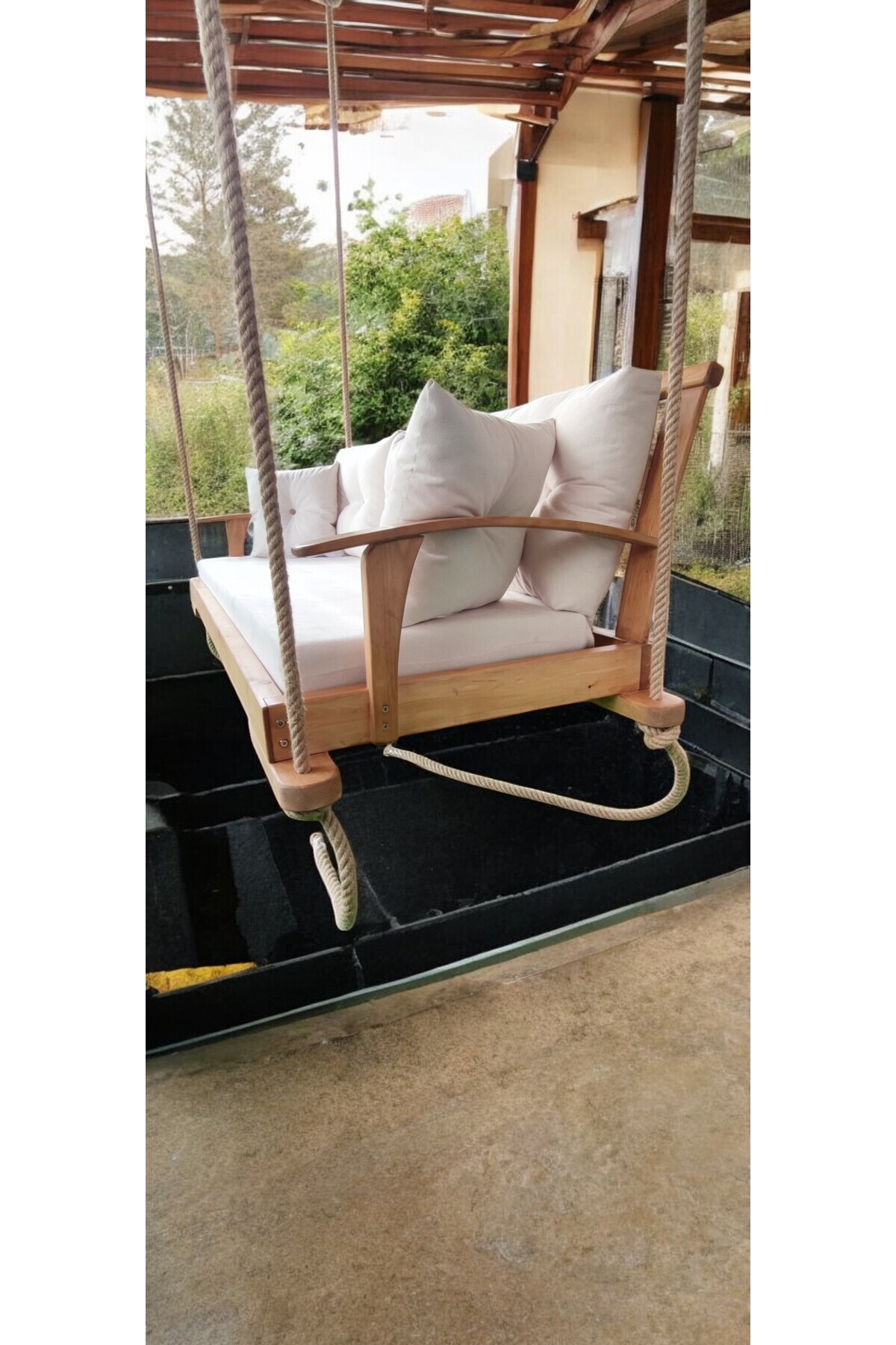 ASYACRAFT Ahşabın Büyüsü Ahşap Bahçe Balkon Salıncağı Kanepe | 3 Kişilik Minderli El Yapımı Dış Mekan Salıncak