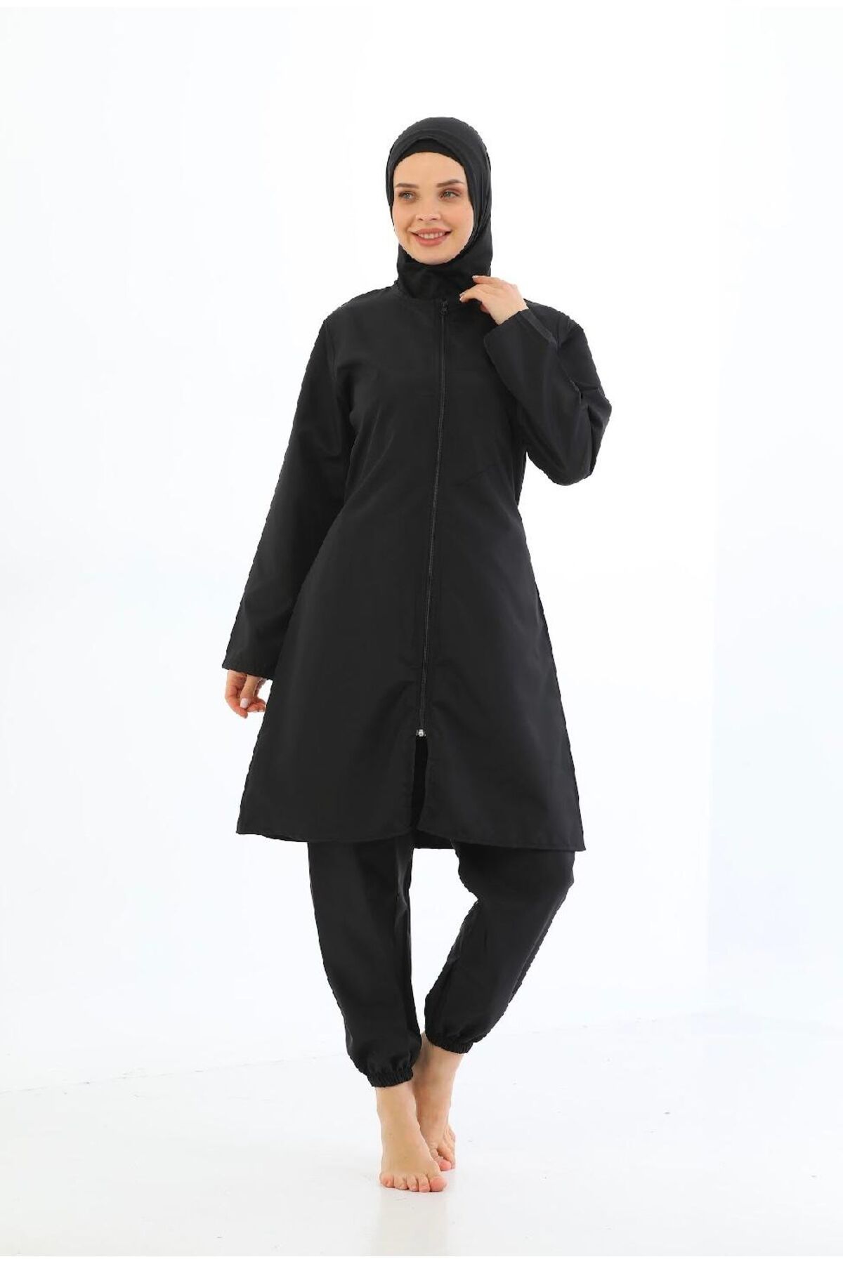 tusem butik homewear Kadın Siyah Tam Kapalı Önden Fermuarlı Çabuk Kuruyan Paçası Lastikli Uzun Kollu Boneli Mayo