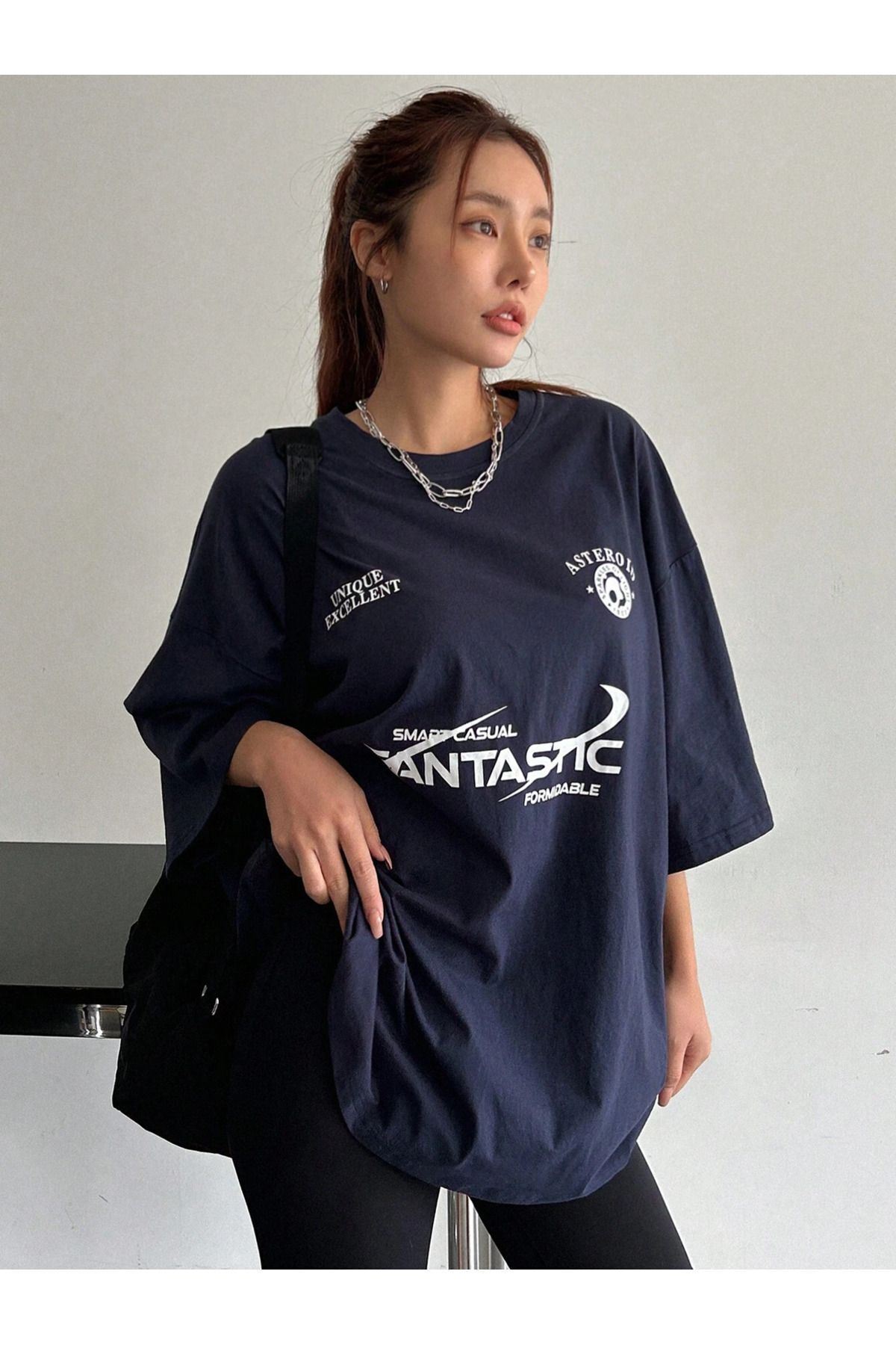 Sweetline Fantastıc Süprem T-Shirt - Siyah Baskılı Oversize Bisiklet Yaka Kısa Kol Tişört
