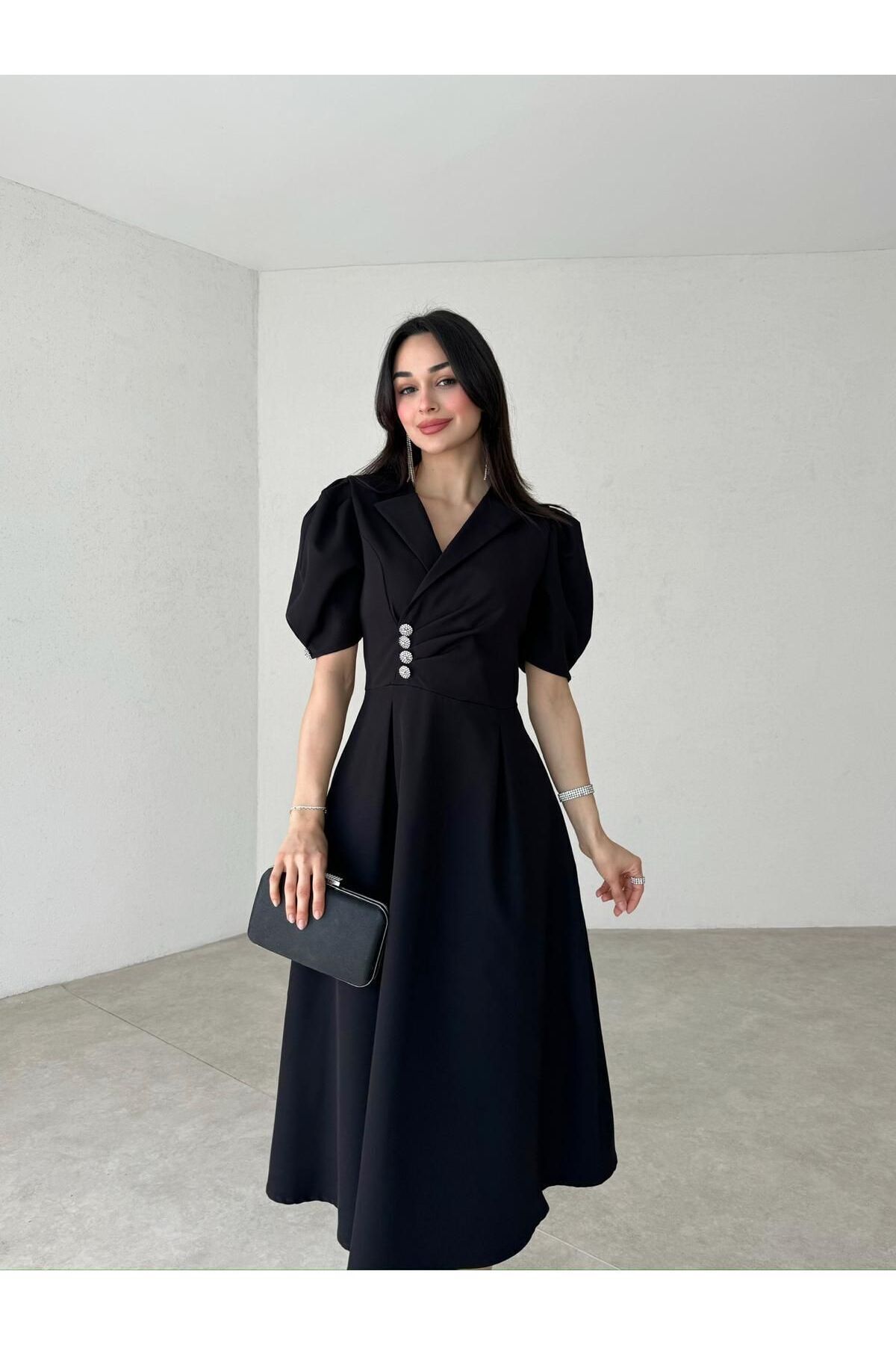 MRY BUTİK MİDİ ELBİSE DÜĞME DETAYLI SİYAH ELBİSE