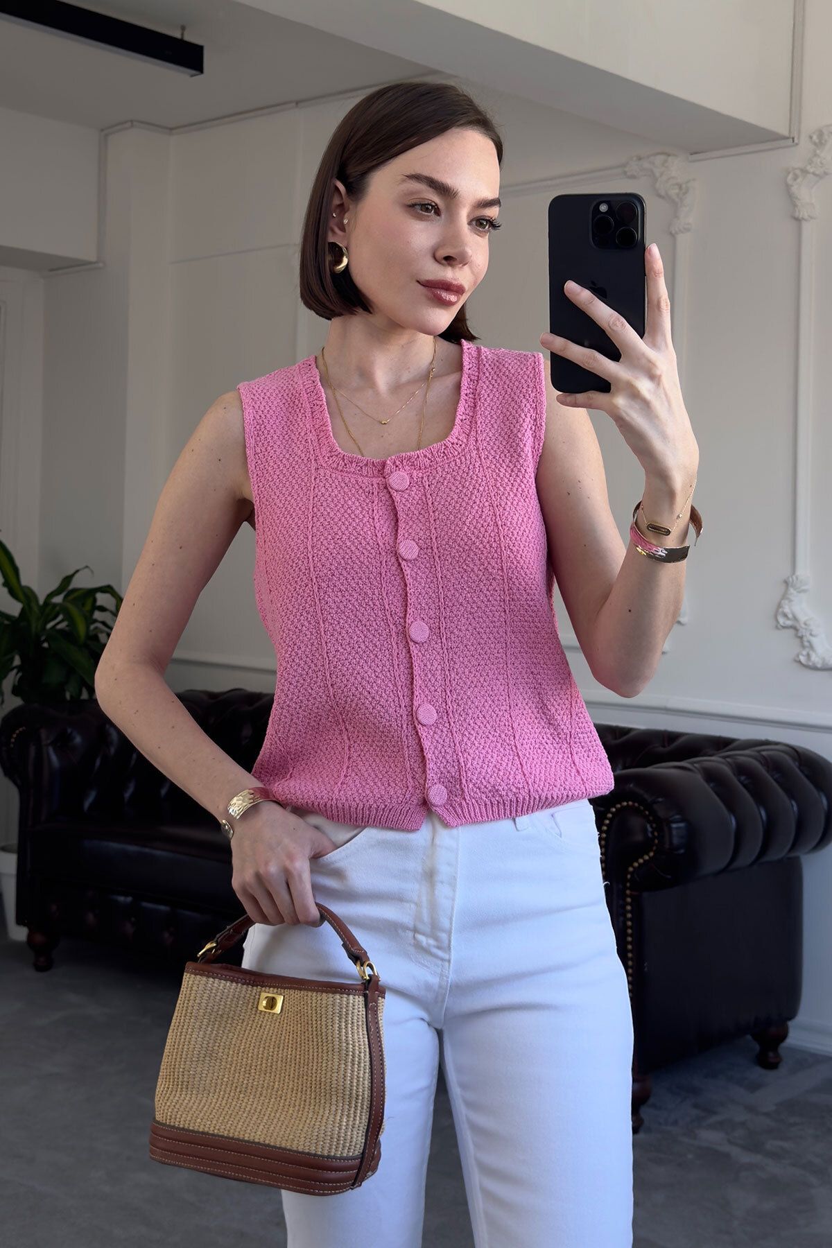 MAGARDE Kare Yaka Düğmeli Yelek- PEMBE