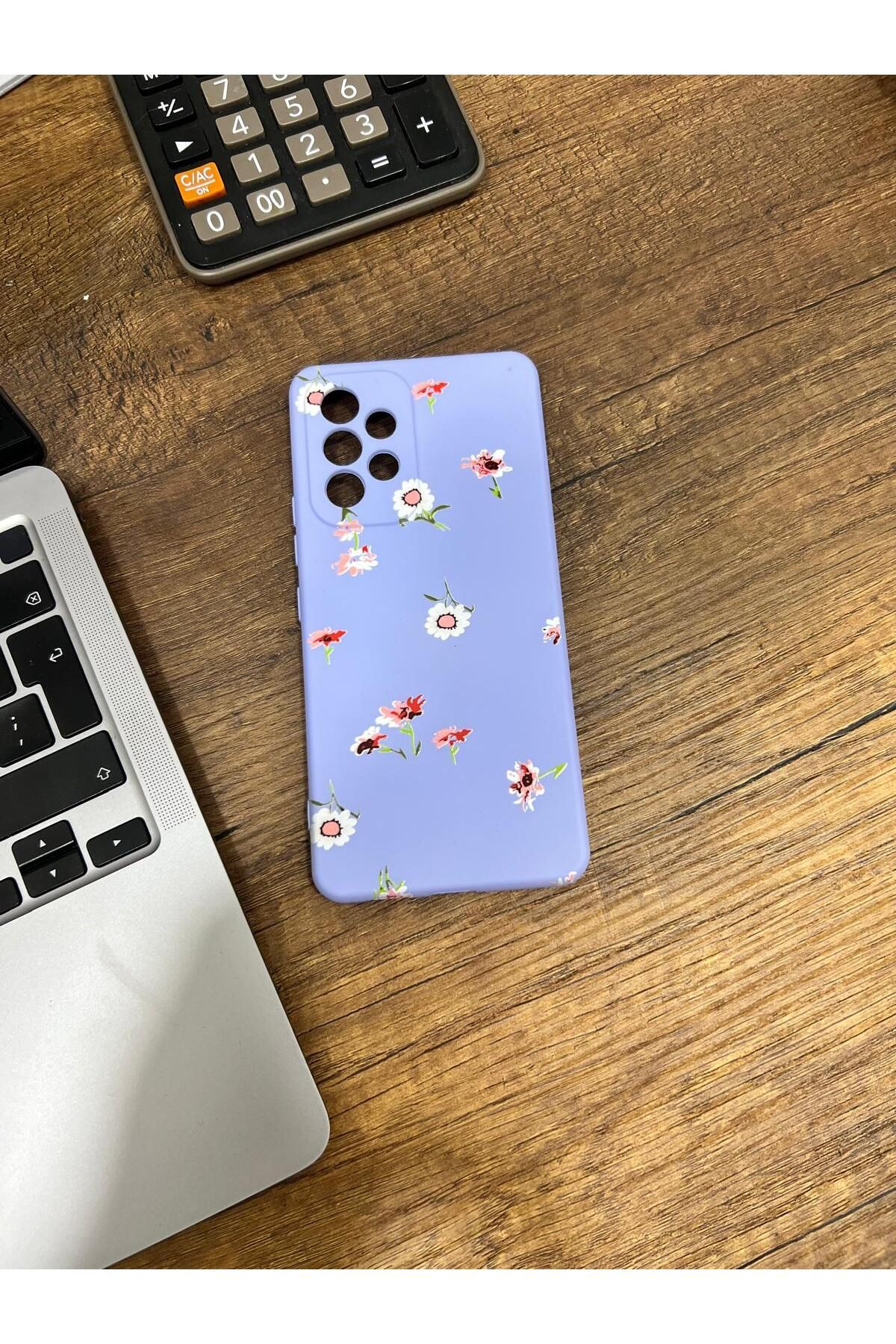 HZR Samsung A53 Çiçek Desenli Mavi Silikon Kılıf