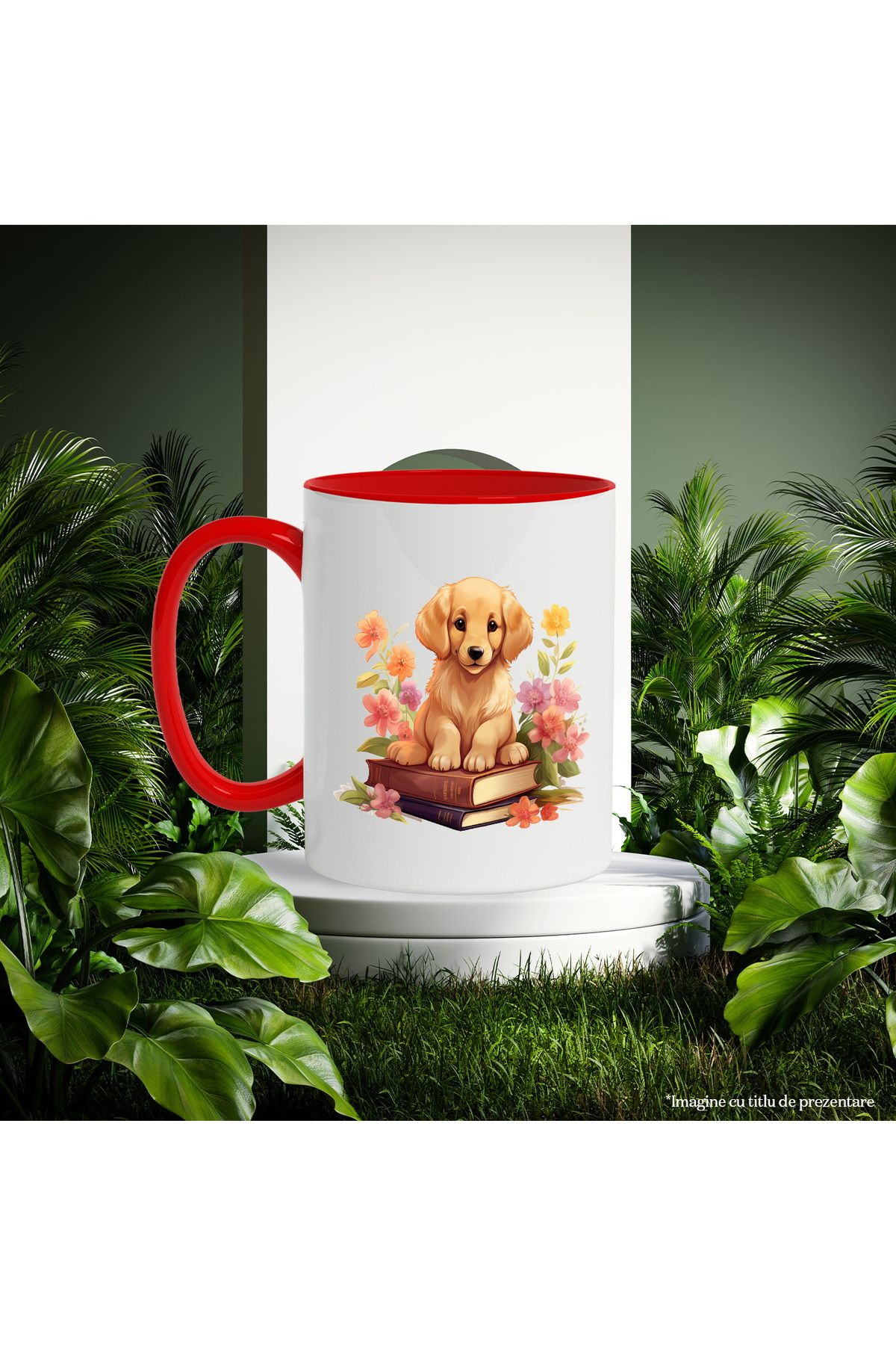 StoryGift Romania-Mug with a Golden Retriever puppy sitting on 2 closed books | illustration | neck, With, STG. 3