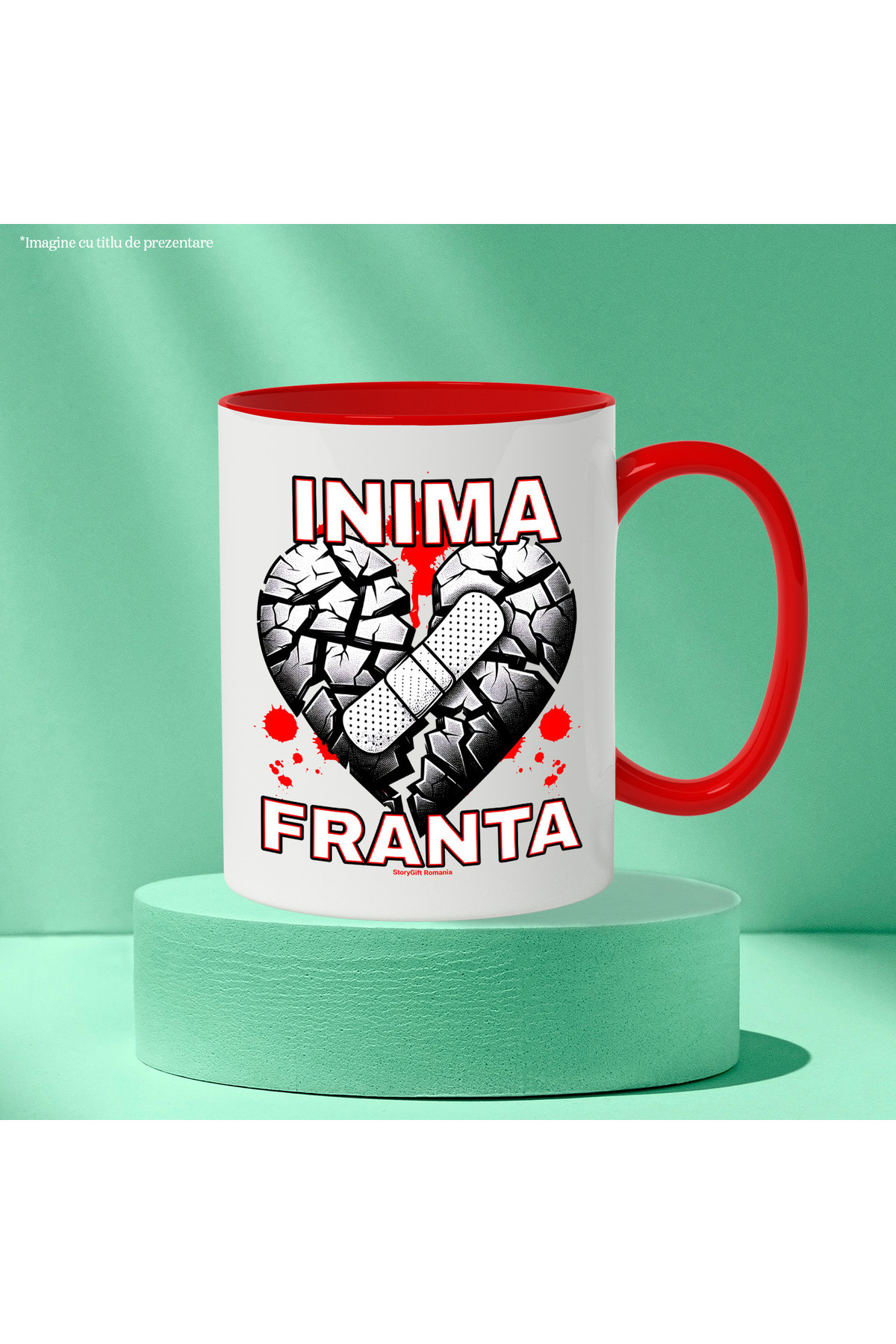 StoryGift Romania-FRENCH HEART MUG WITH SAD LOVE PATCHES, 330ml, Ceramic with Red Handle, With Handle, STG 3