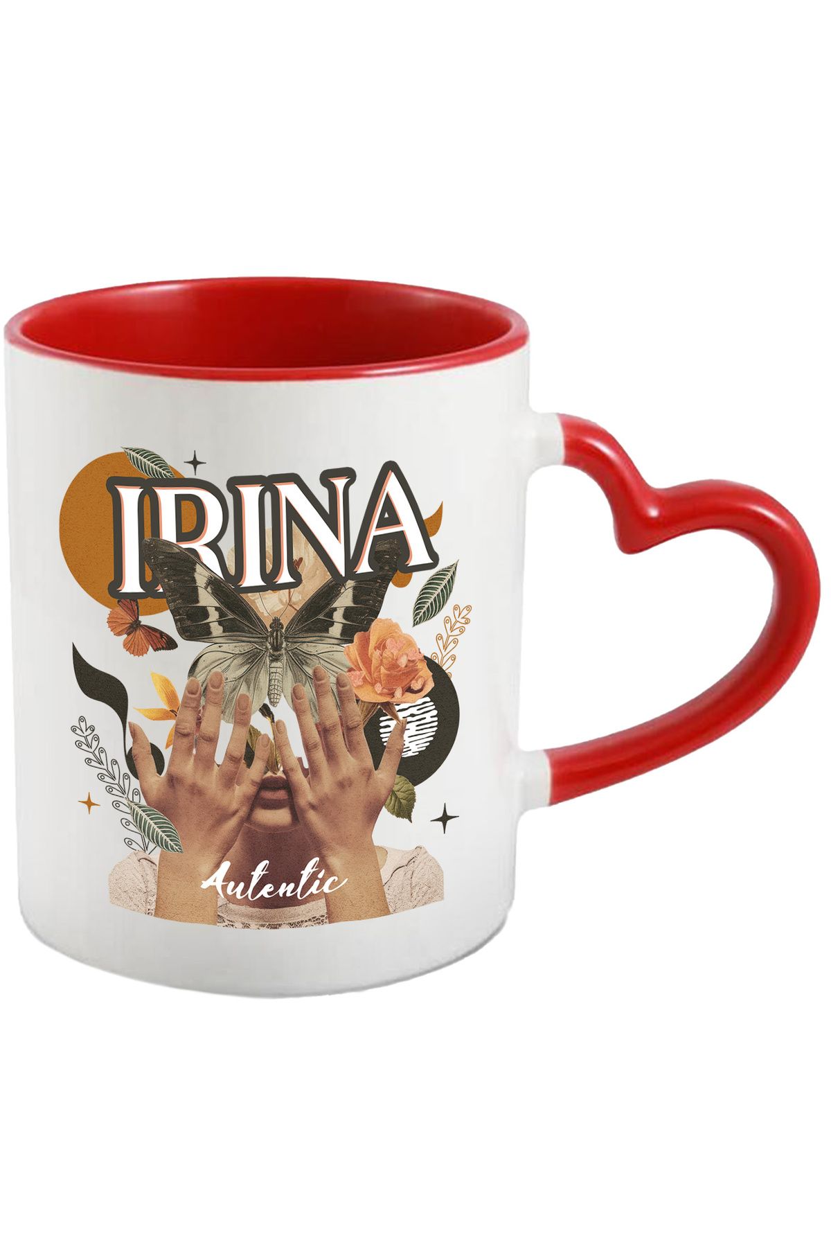 StoryGift Romania Cana Cu Numele Irina, Colaj Fata, Fluture, Flori, Cerc, 330ml, Ceramica Cu Maner, Cu ,stg - One Size