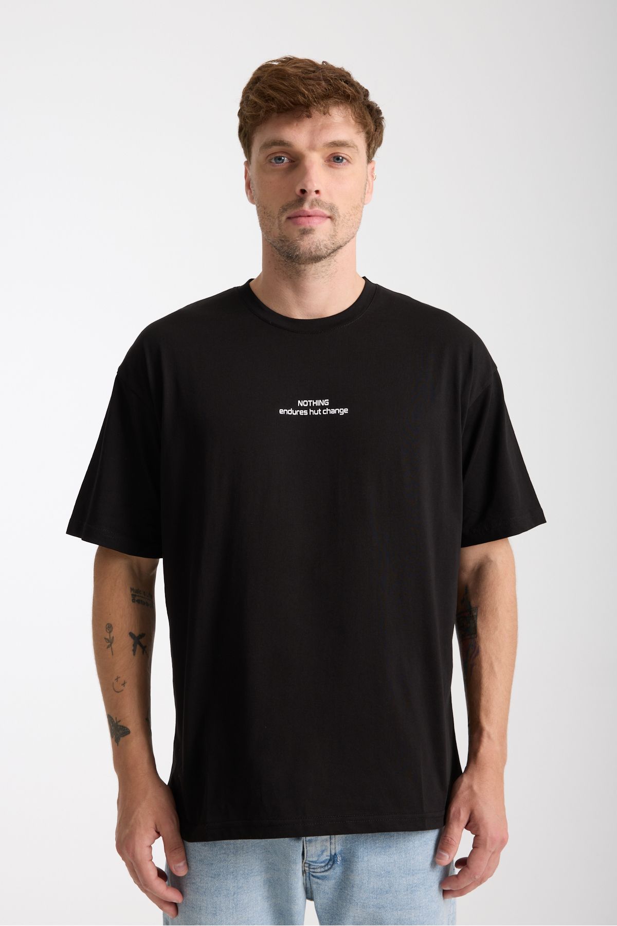 Tarz Cool Erkek Siyah Nothing Nakış Yazılı Oversize Bisiklet Yaka T-Shirt