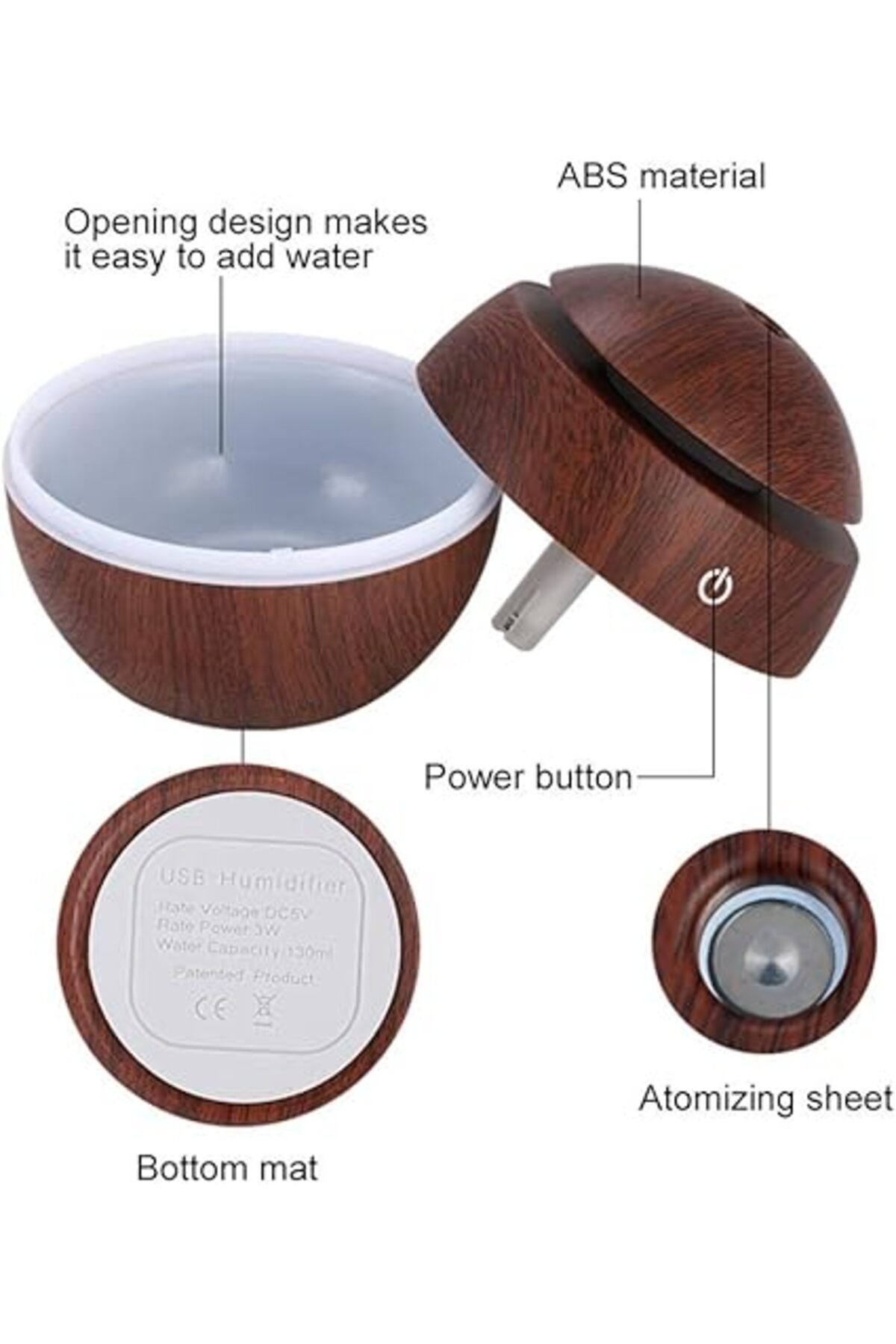 MACVI-Macvi® UM-06 Aromatherapy Humidifier Diffuser, with 7 LED Colors, USB, 130 ml, Round, Brown 2