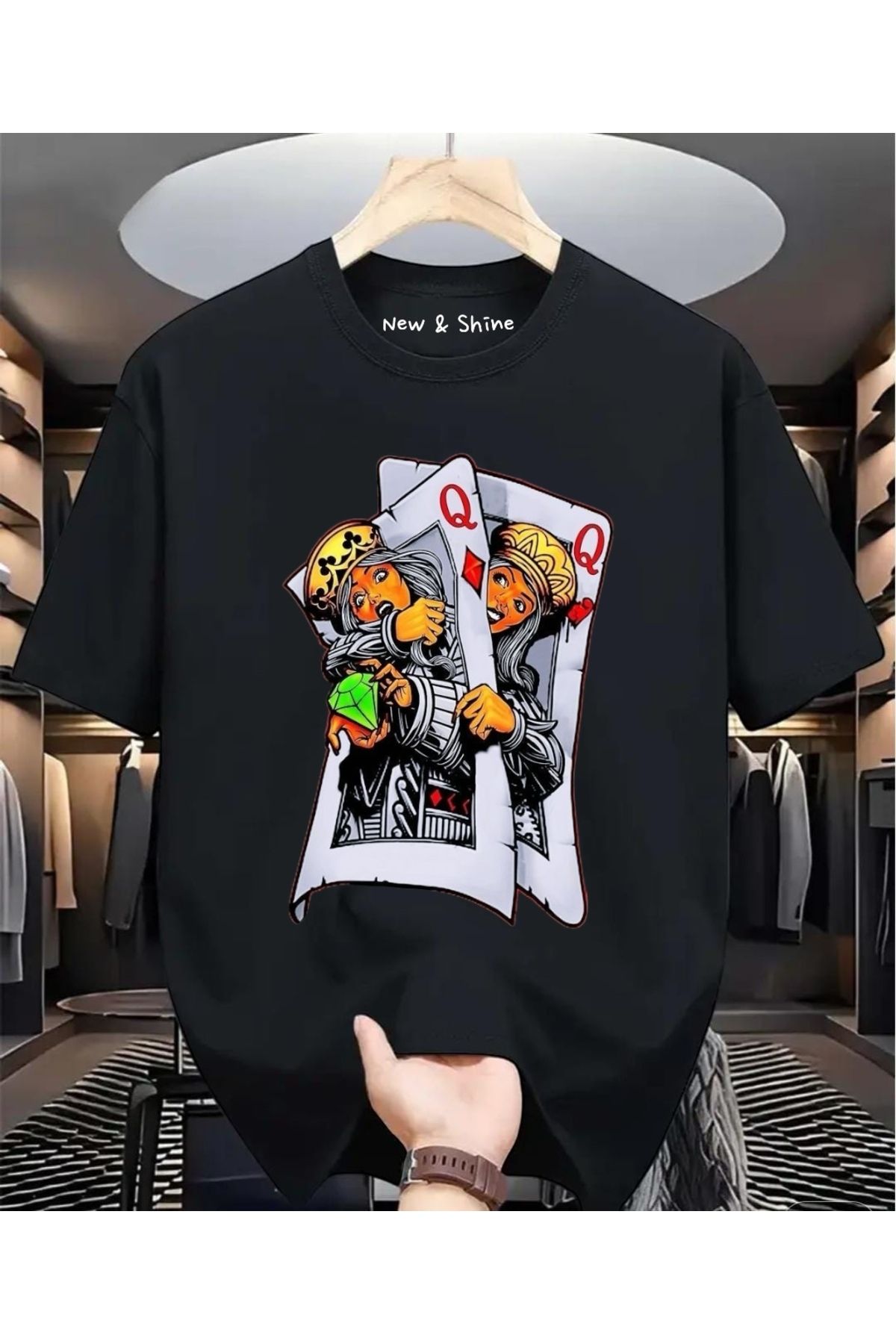 New Shine İskambil Kağıdı Kızlar Baskılı Oversize T-Shirt