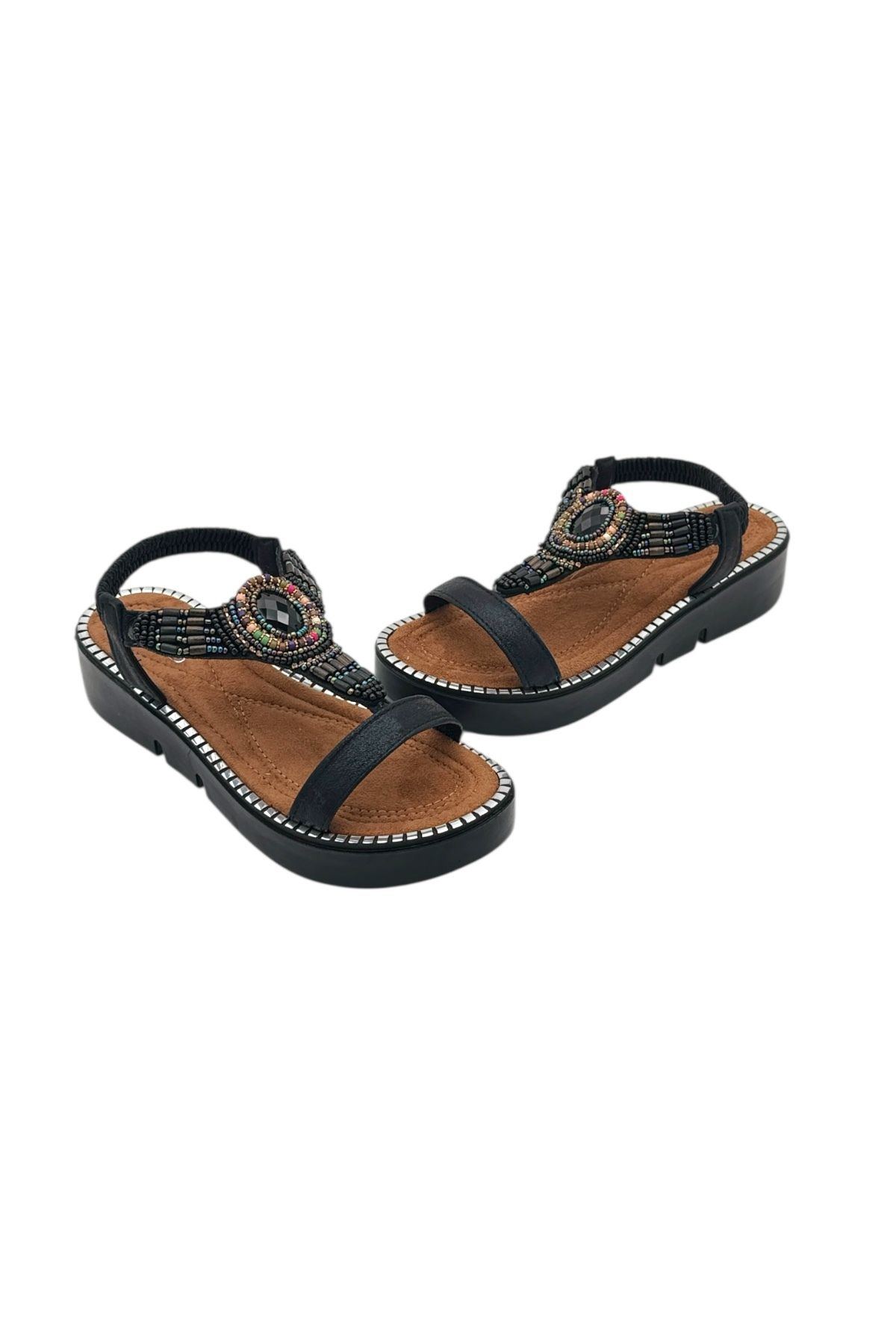 Y&D Shoes Kalın Taban Doğal Taş Detaylı Kadın Sandalet