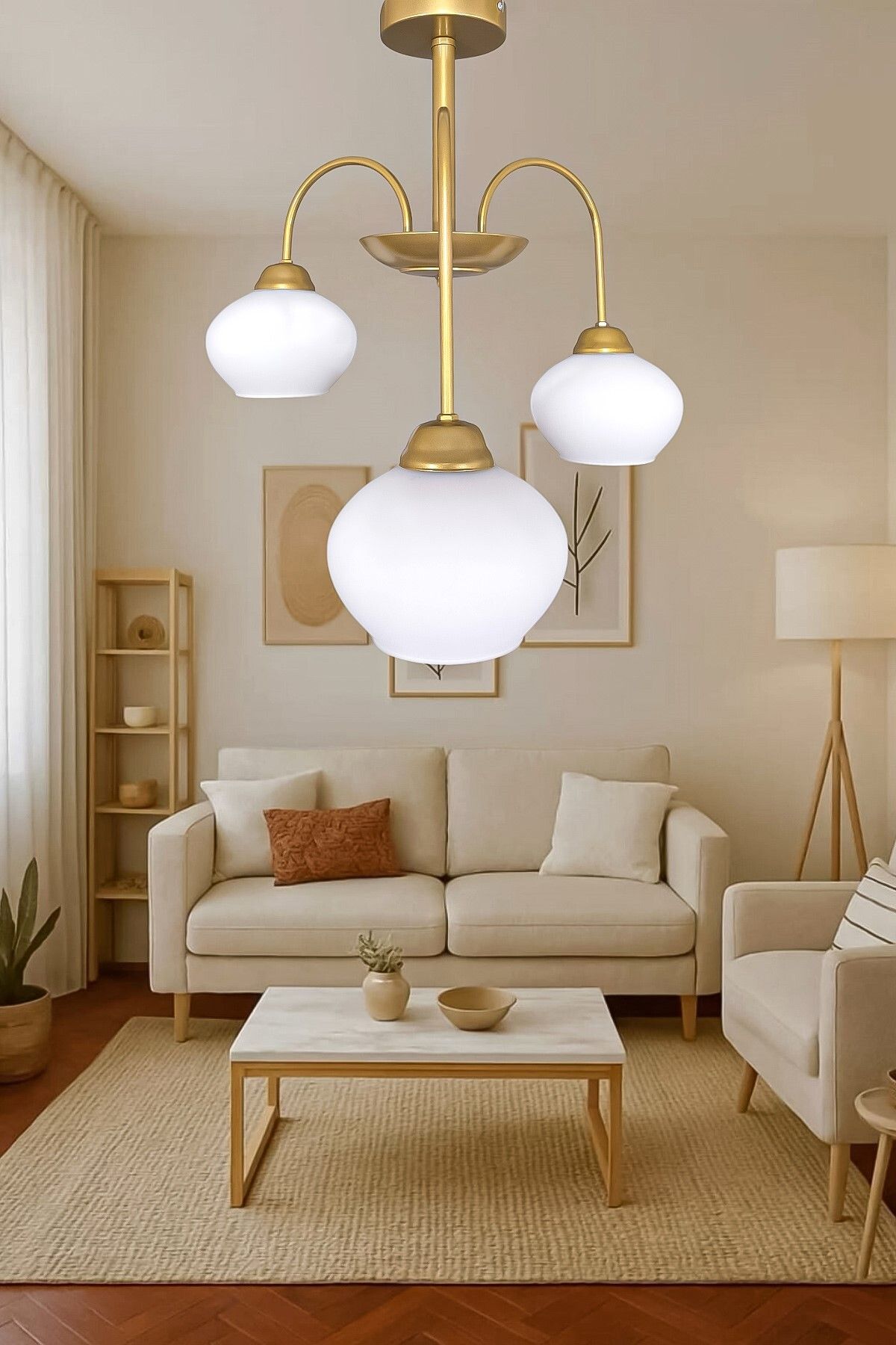 Fer Avize Dora Dekoratif Tasarım Modern Kollu Camlı Avize Oturma Odası Yemek Odası Salon