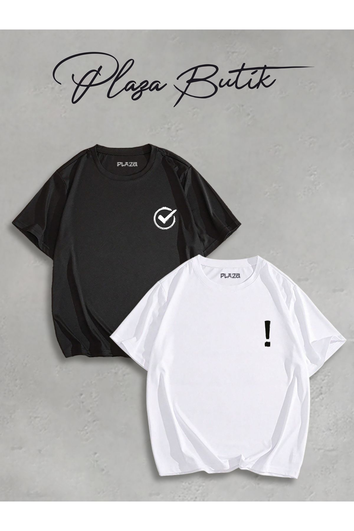 Plaza Butik Tik ve Ünlem Baskılı İkili Oversize T-shirt