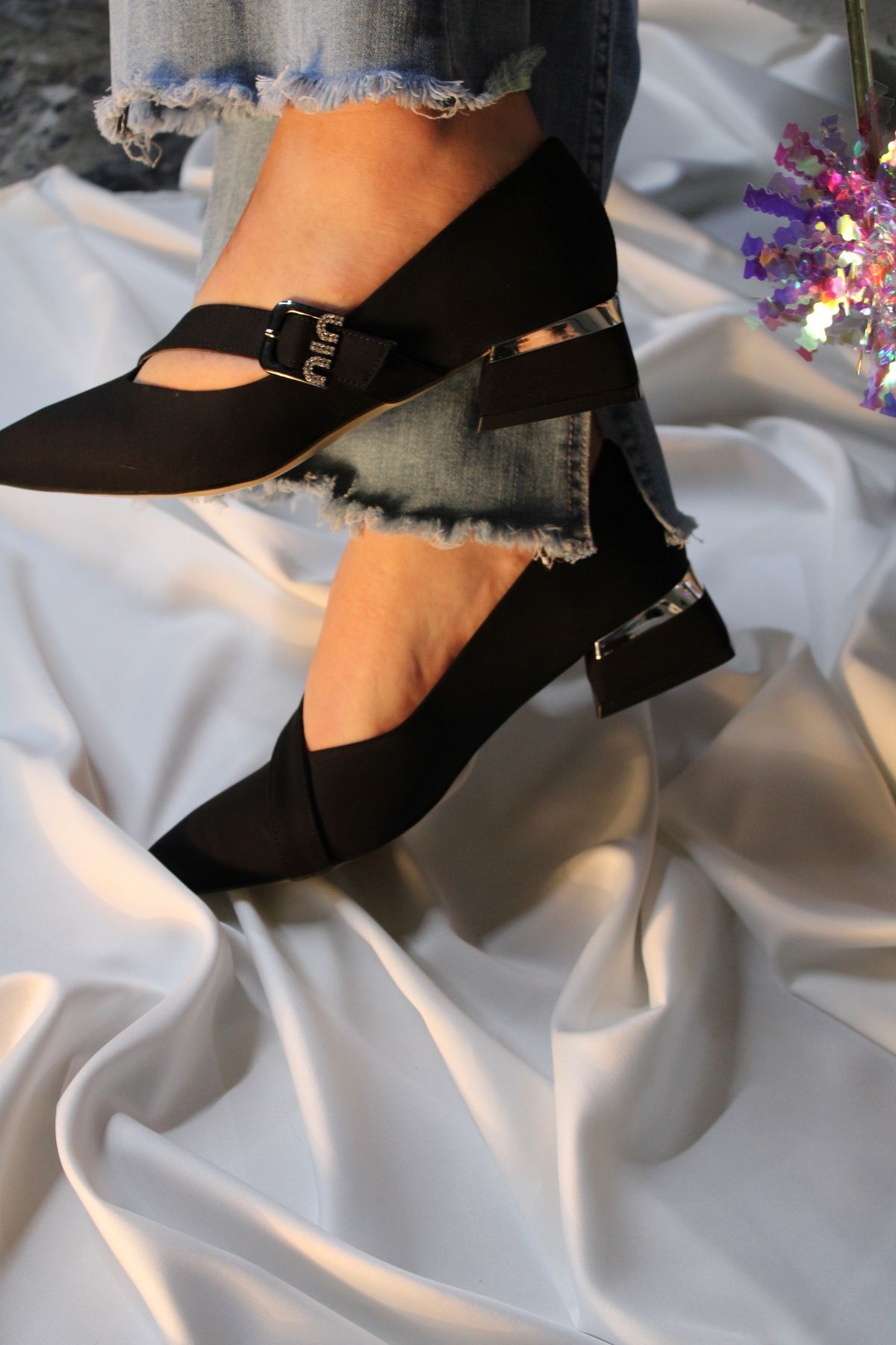 mybellashoes Kadın Siyah Tokalı Kısa Topuk Babet