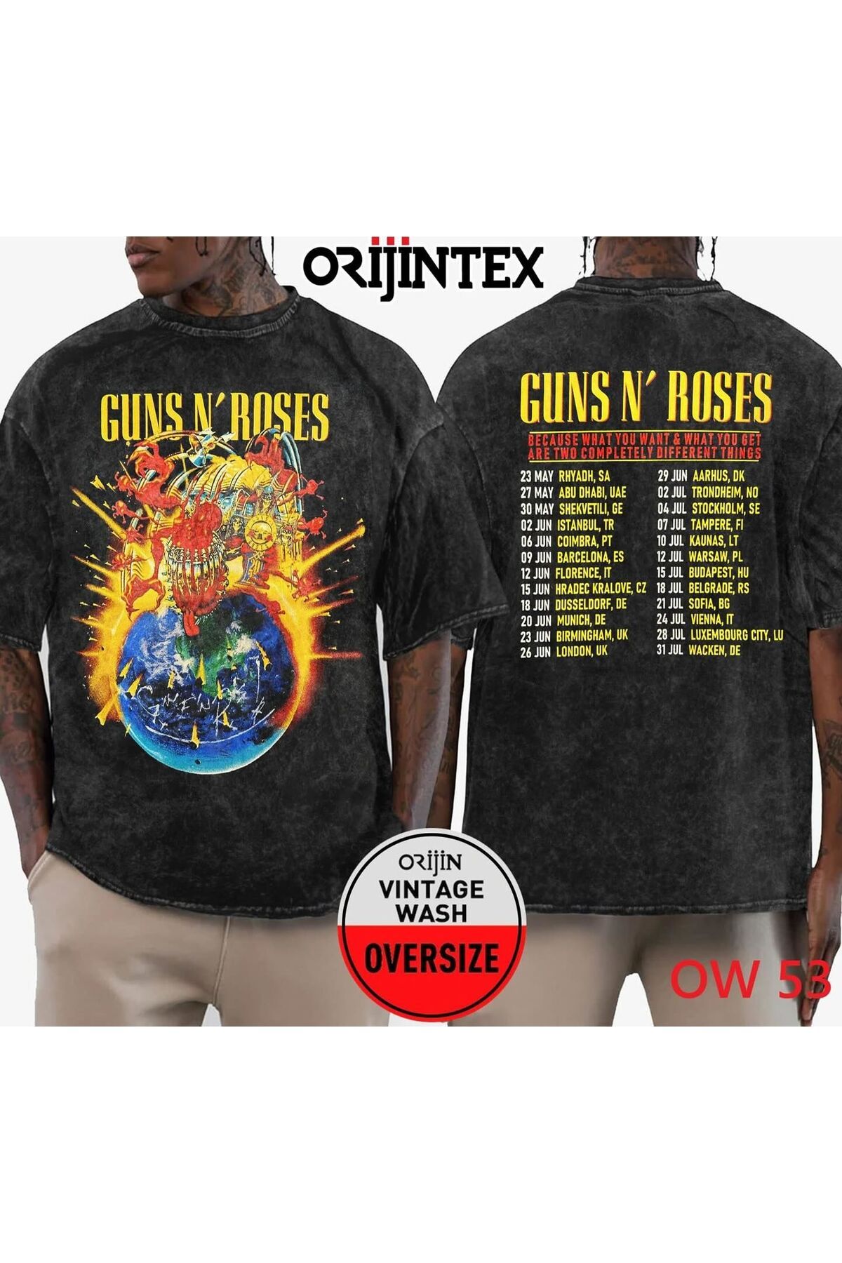 orijintex Guns n Roses 2025 Yıkamalı Over Size Tişört