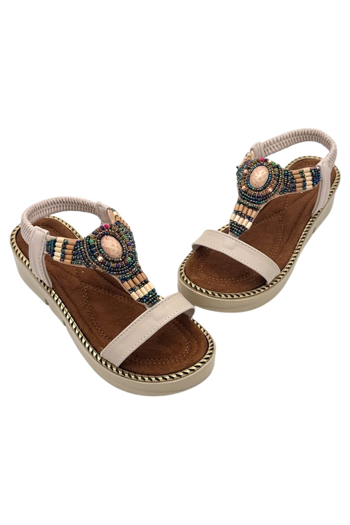Y&D Shoes Kalın Taban Doğal Taş Detaylı Kadın Sandalet
