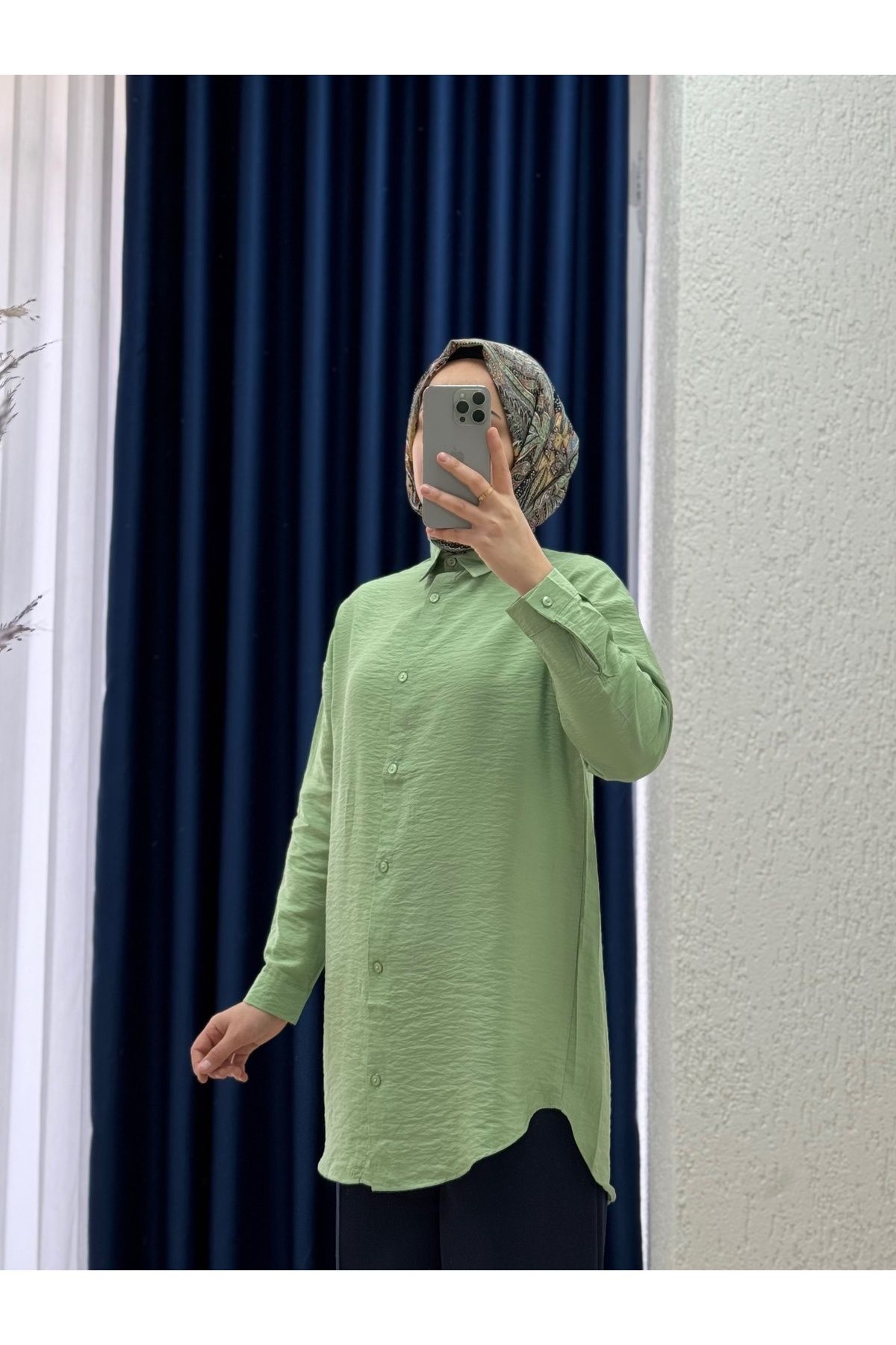 Ebrar Store Sorique Önü Kısa Arkası Uzun Düz Çilek Gömlek-Zİ2137 Yeşil