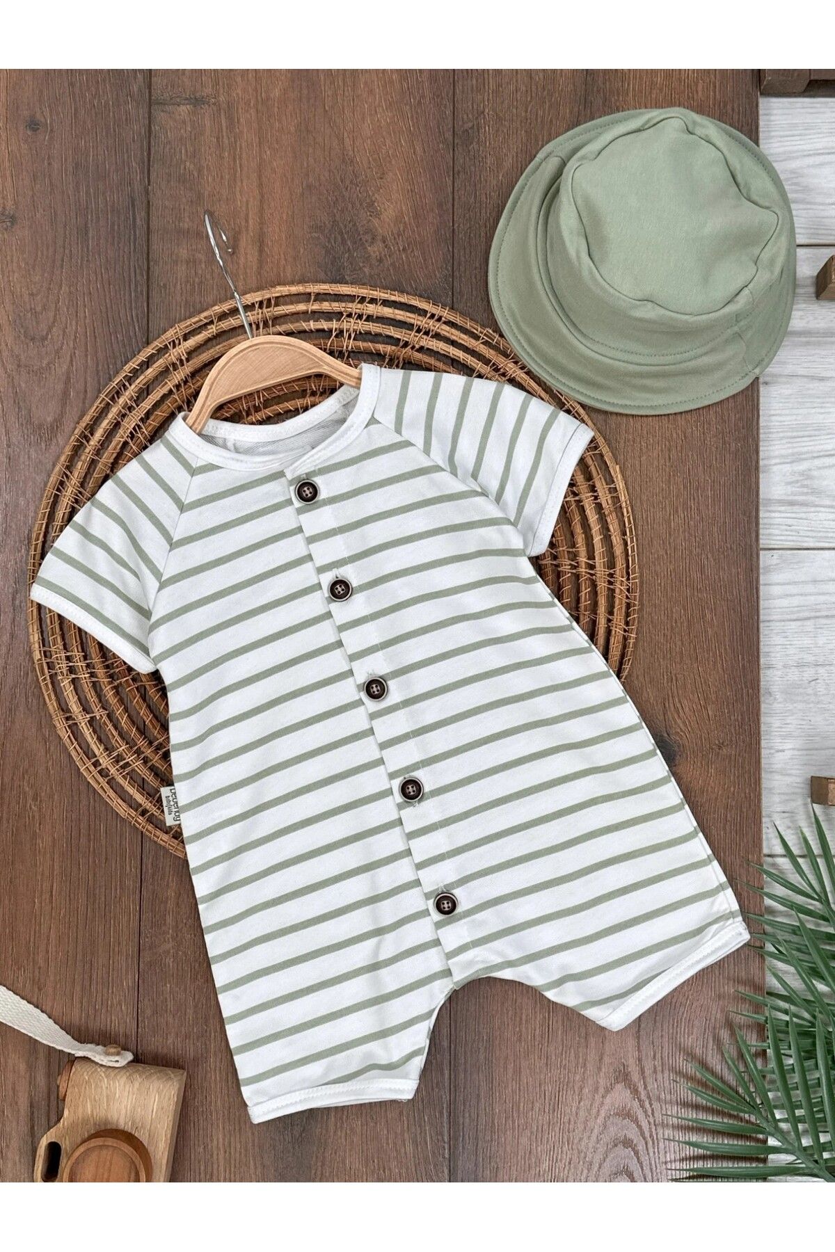 Adda Baby Erkek Bebek Yazlık Tulum Çıtçıtlı Çizgili Desen Pamuklu 2'li Takım Şapkalı