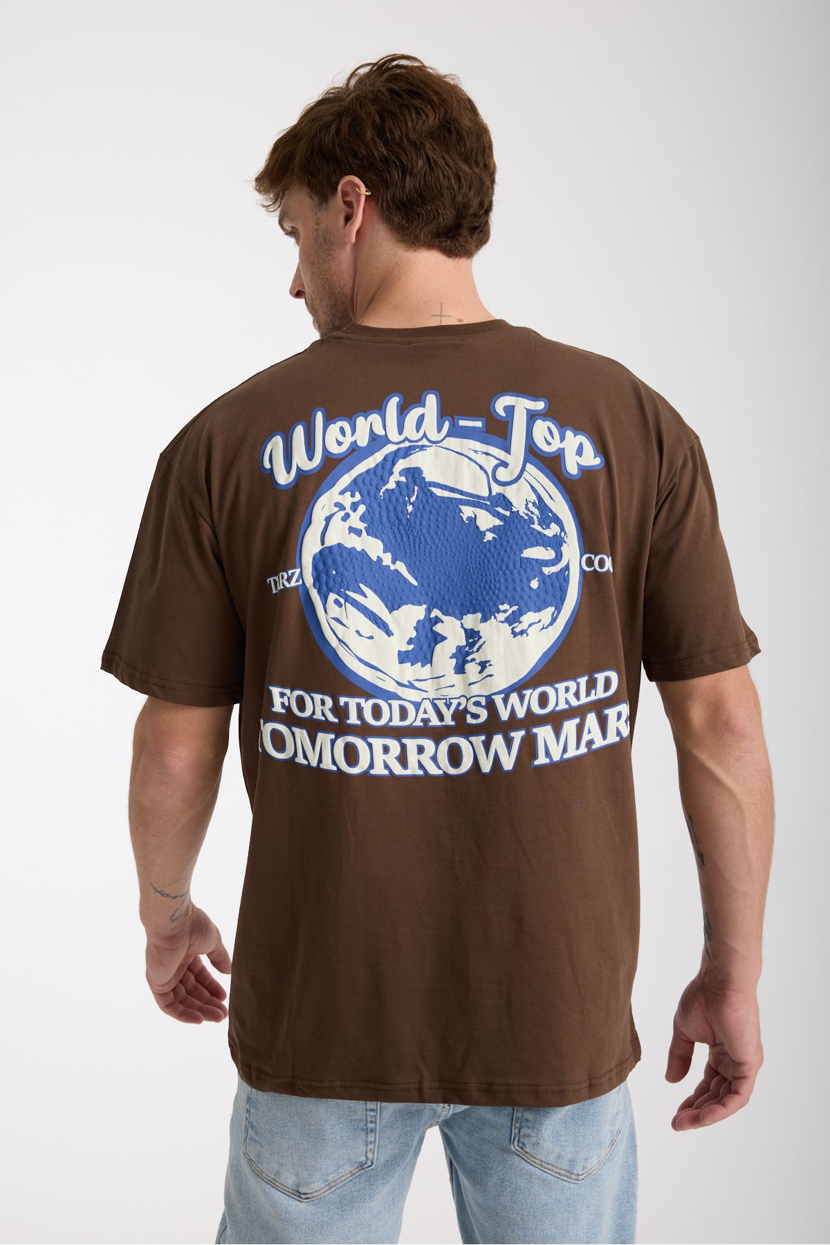 Tarz Cool Erkek Kahverengi World Ön Ve Arka Baskılı Oversize Bisiklet Yaka T-Shirt