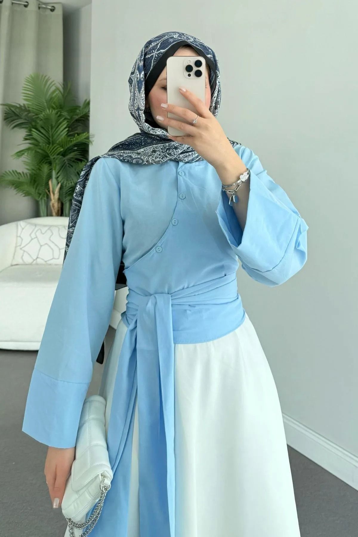MY QILAM 10 NUMARA MODA Kadın Bebe Mavi Geniş Manşetli Kol Detaylı Önü Bağlamalı Poplin Gömlek