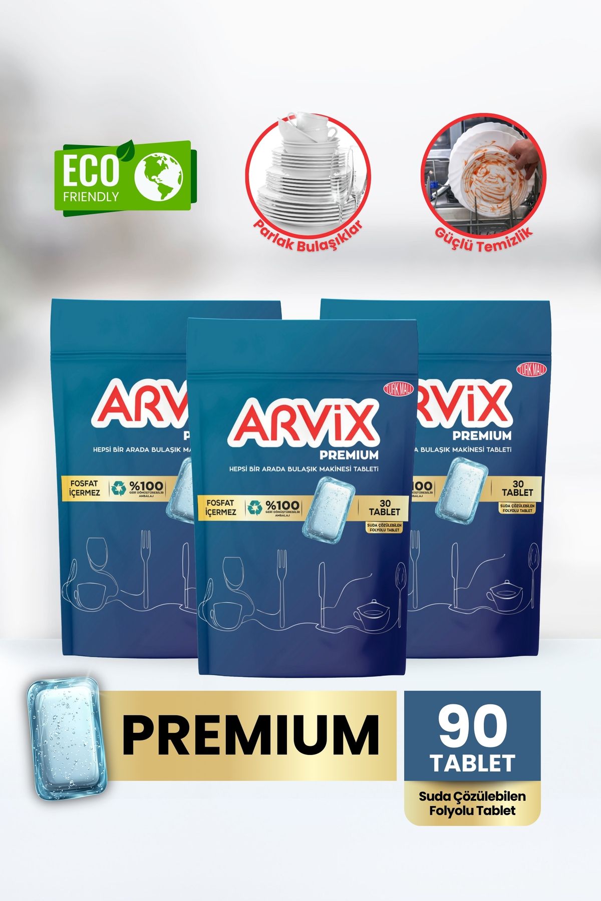 arvix ARVİX HEPSİ BİR ARADA BULAŞIK MAKİNESİ TABLETİ PREMİUM 3 PAKET 90'LI
