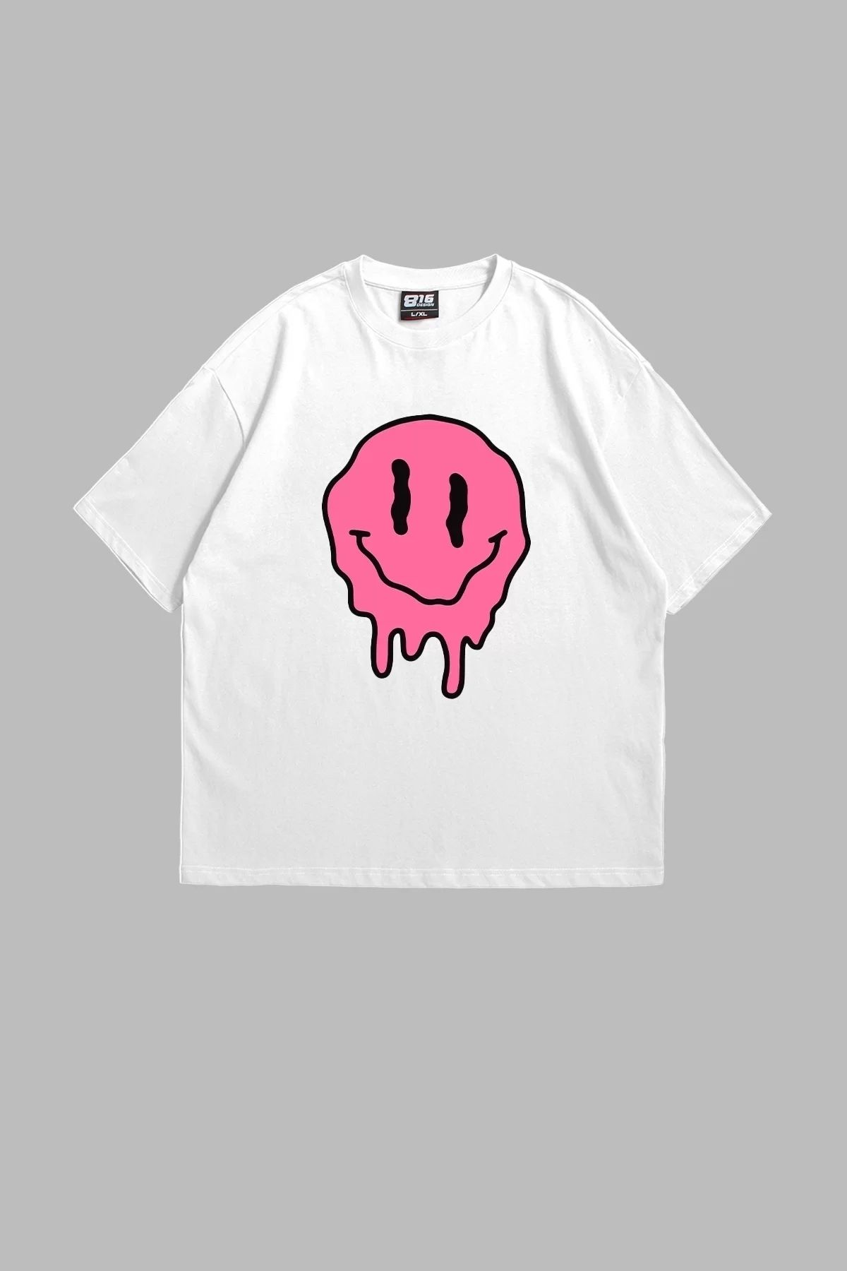 Bak Moda Acid Smile Baskılı Oversize Unisex Beyaz Tshirt