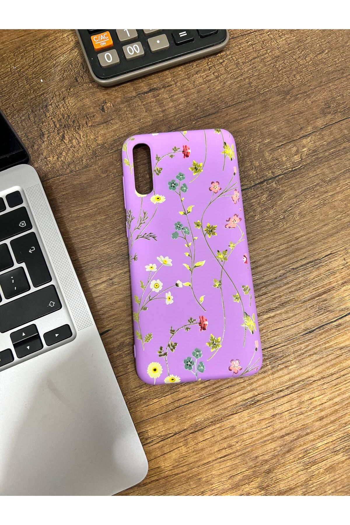 HZR Samsung A70 Bahar Çiçekleri Desenli Mor Kılıf