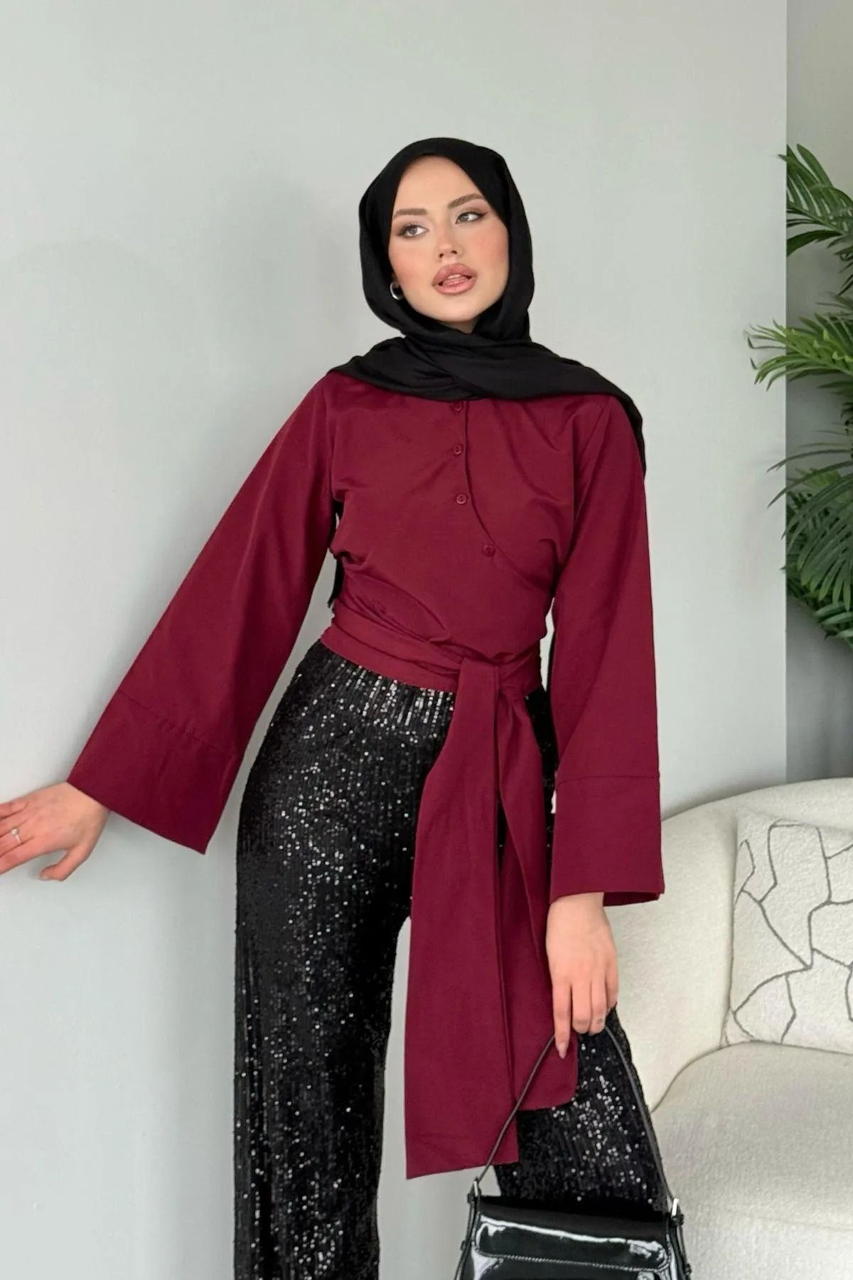 MY QILAM 10 NUMARA MODA Kadın Bordo Geniş Manşetli Kol Detaylı Önü Bağlamalı Poplin Gömlek