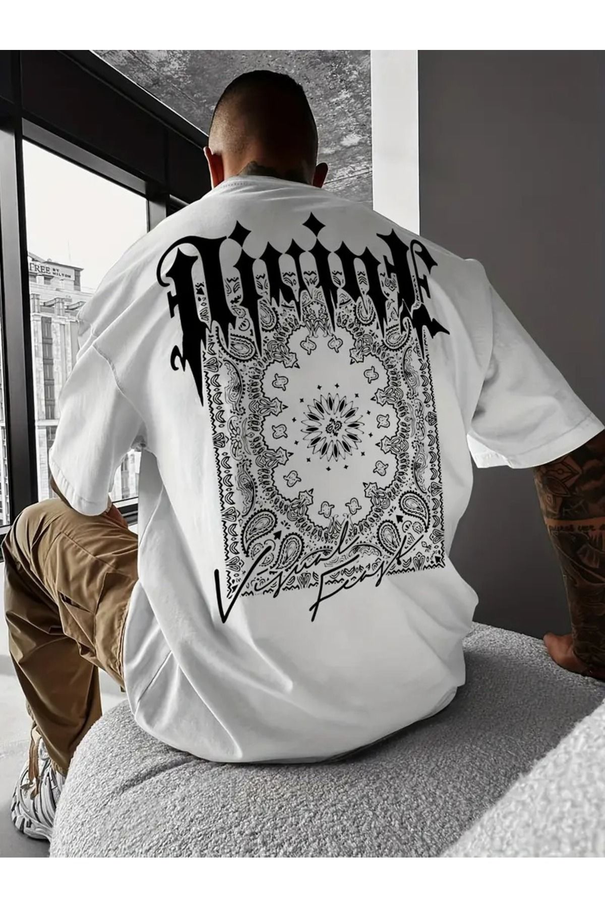 LAND MODA Visual Feast Erkek Sokak Giyimi Grafikli Tişört Yeşil Yazılı Siyah, Bol Kesim Rahat Kısa Kollu Üst,