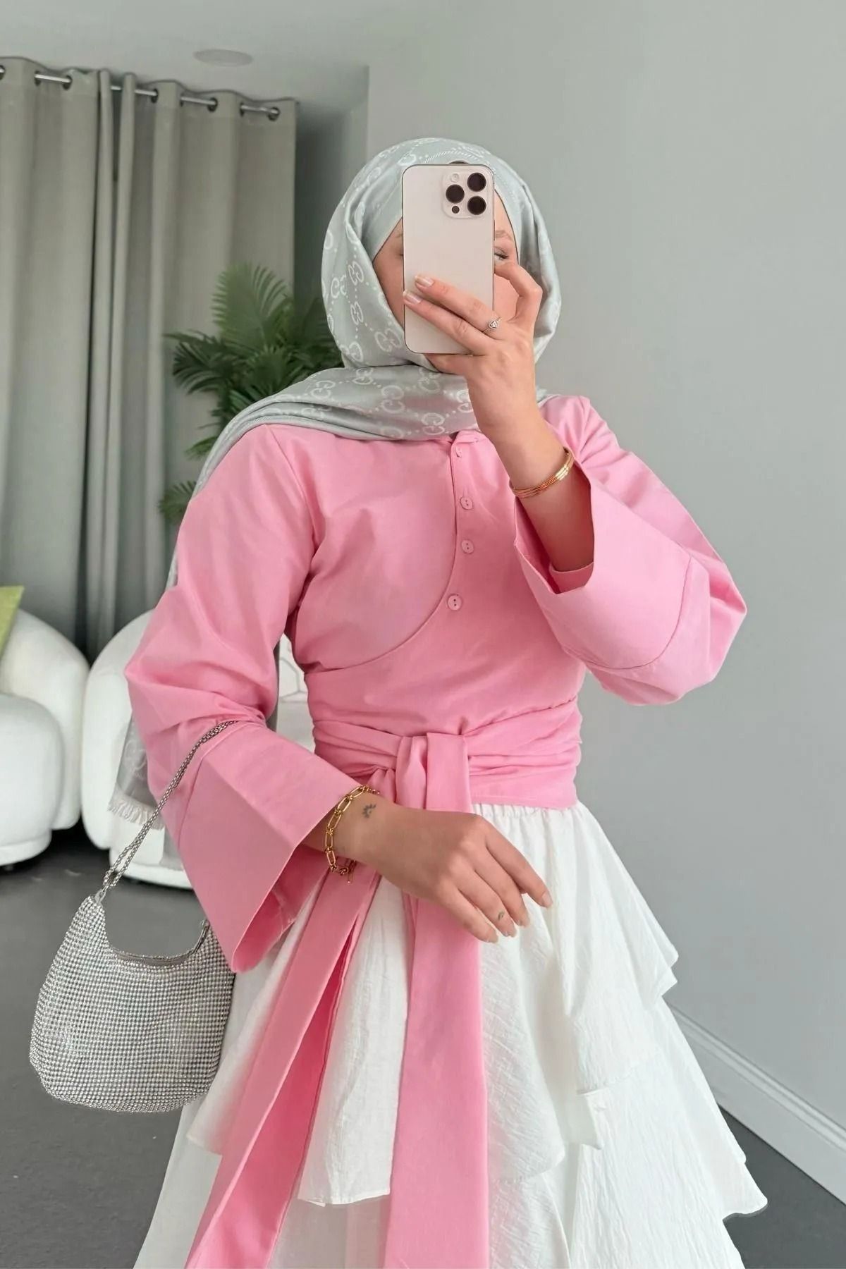 MY QILAM 10 NUMARA MODA Kadın Pembe Geniş Manşetli Kol Detaylı Önü Bağlamalı Poplin Gömlek