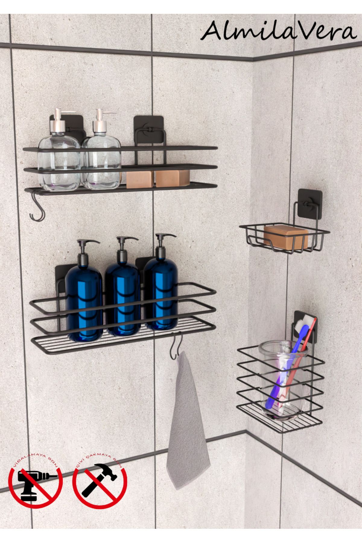KapKacakAl Vidalı Siyah Paslanmaz Metal Banyo Rafı Düzenleyici 4'lü Set Kancalı Duş Rafı Sabunluk Rafı