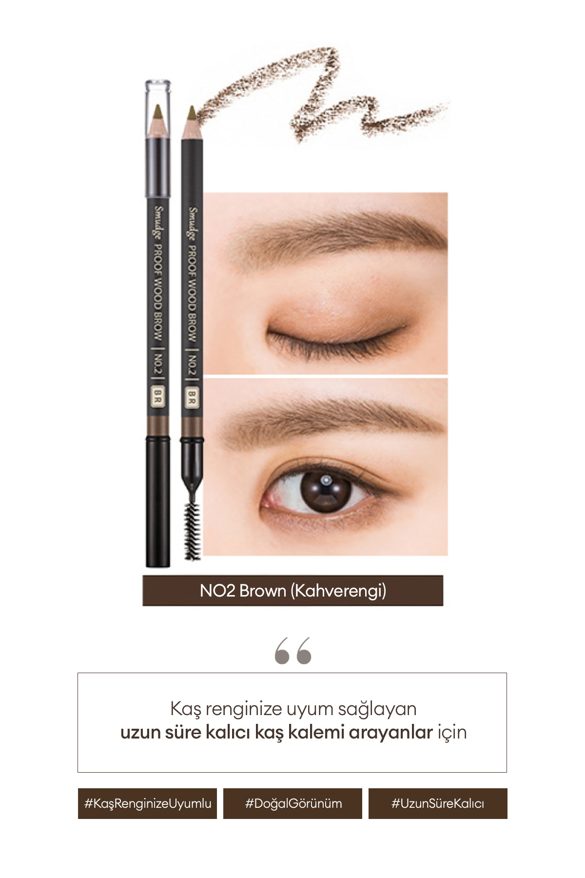 Bulaşmayan Kalıcı Doğal Kaş Kalemi Smudge Proof Wood Brow No.2 (BROWN) — قهوه‌ای 10074 — تصویر 3 از 7